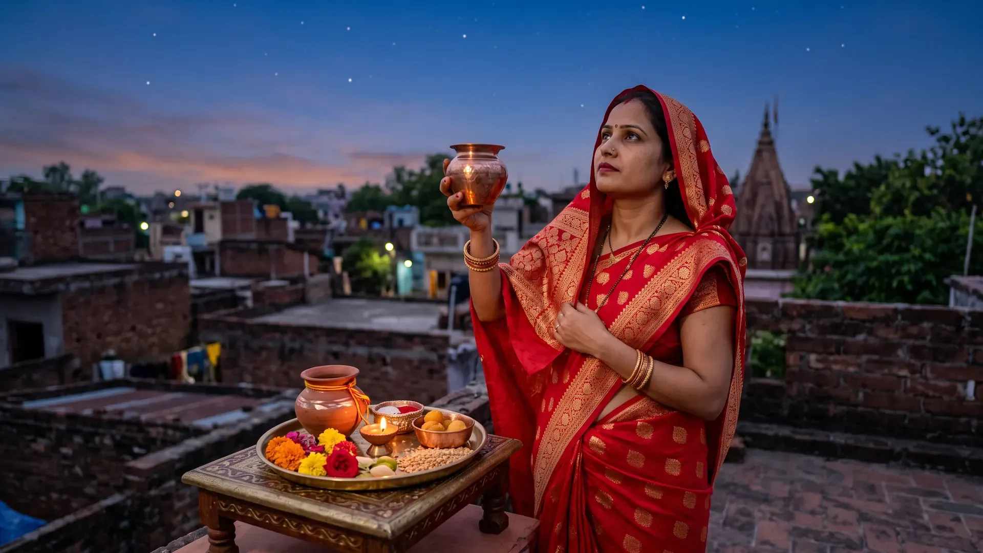 Ahoi Ashtami at dusk: a mother in a red saree offers water to the first stars from a lota on a terrace, with a puja thali beside her