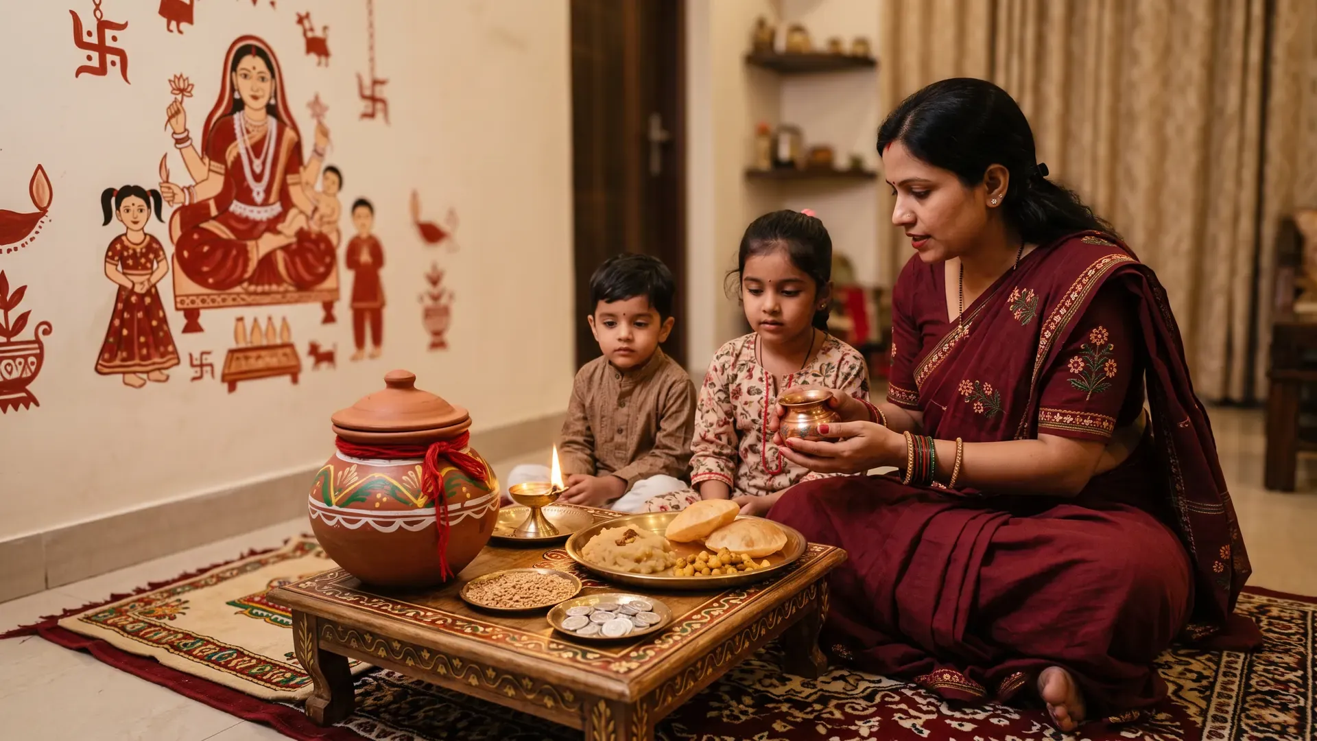 Ahoi Ashtami puja: a karva of water, a thali of halwa and puri, a lamp and a painting of the mother goddess on the wall, with a mother and children