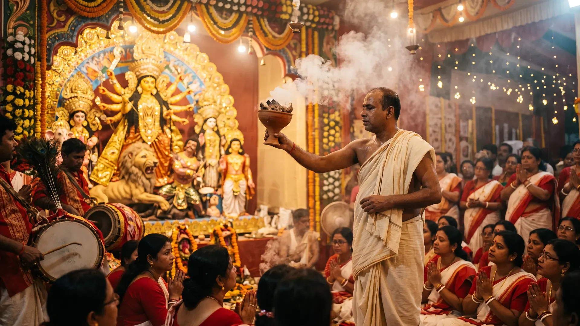 A priest swings a smoking dhunuchi before the Durga idol in a Durga Puja pandal as the dhak drums play
