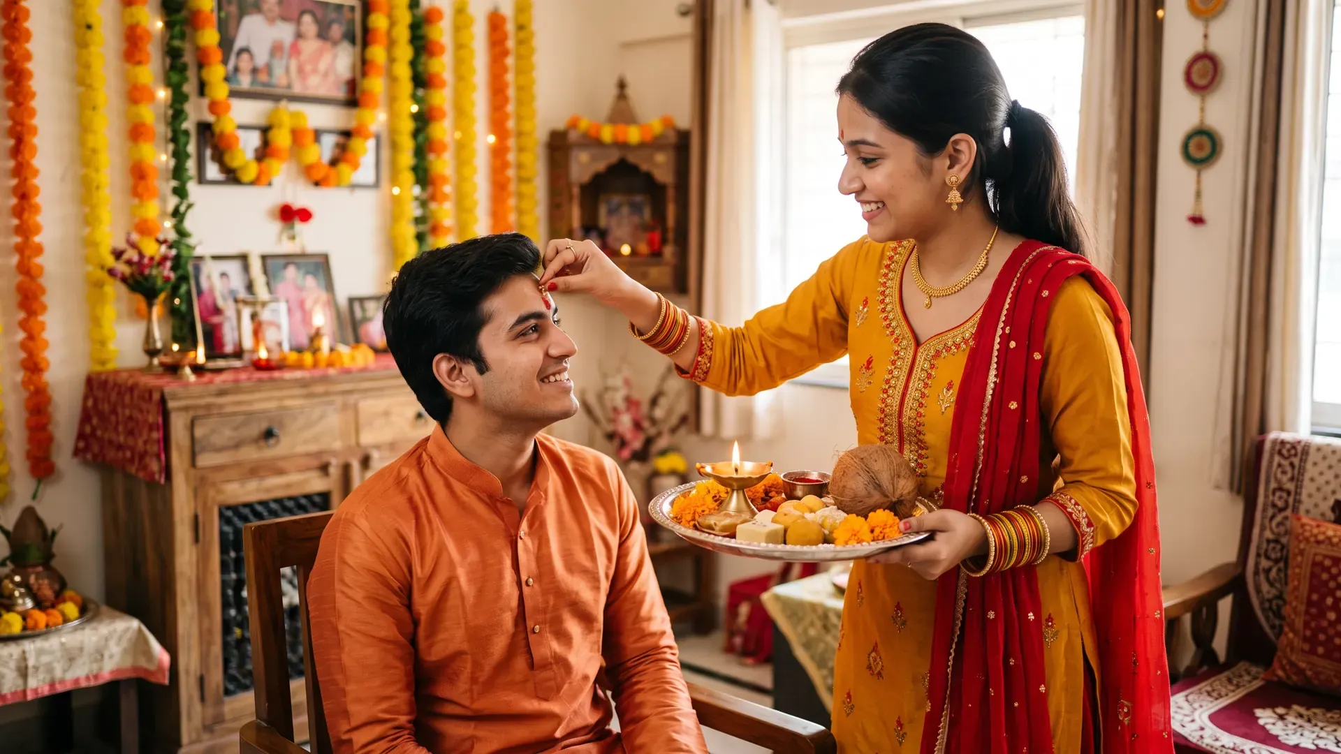 Bhai Dooj: a sister puts a roli and rice tilak on her brother’s forehead, holding a thali with a diya and sweets