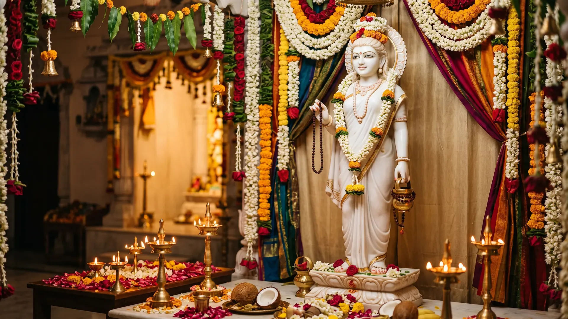 A marble Brahmacharini murti in white in a temple, holding a rosary and a water-pot