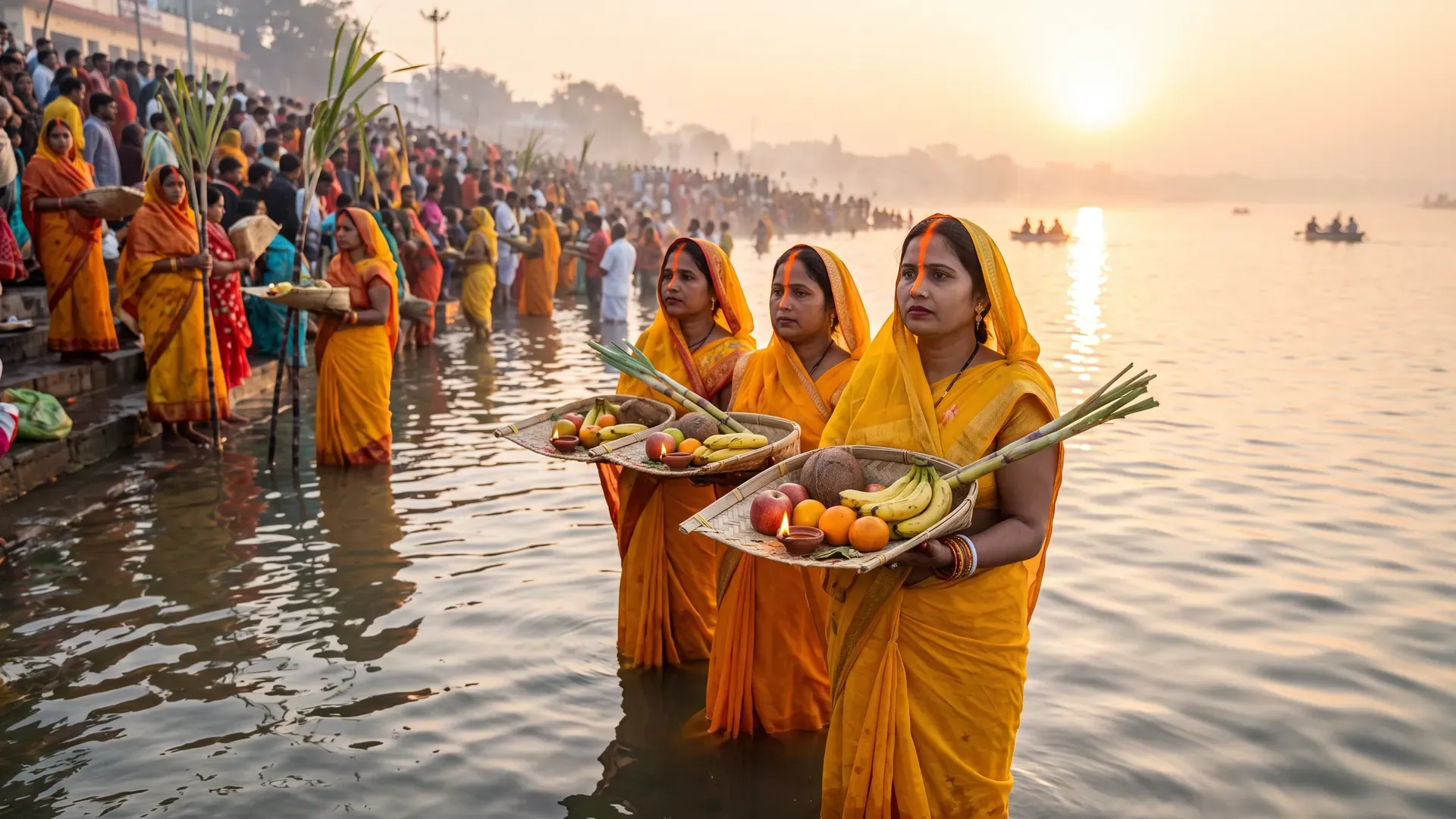 Chhath Puja at sunrise: women standing in the river offer arghya to the rising sun with soop baskets of fruit and thekua