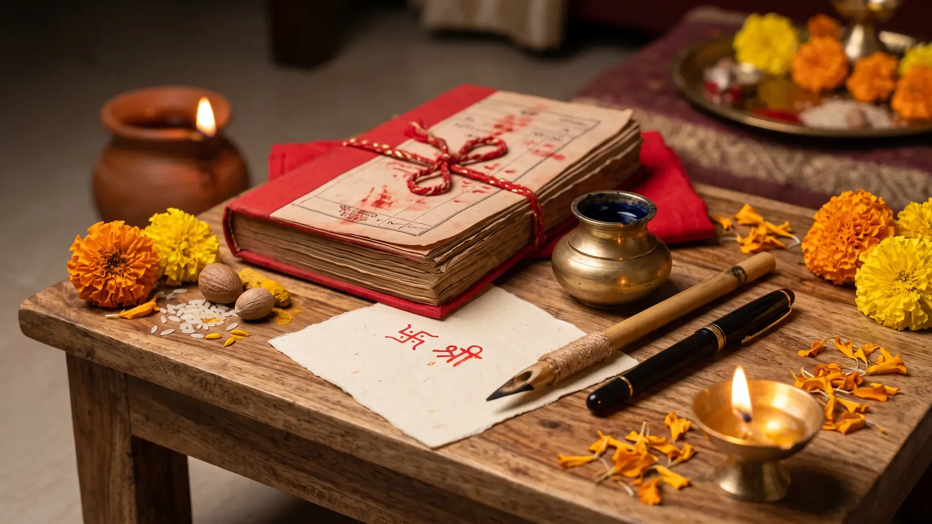 Chitragupta puja: an account book, a pen and inkpot, a page marked “Shri”, rice, a lamp and marigolds