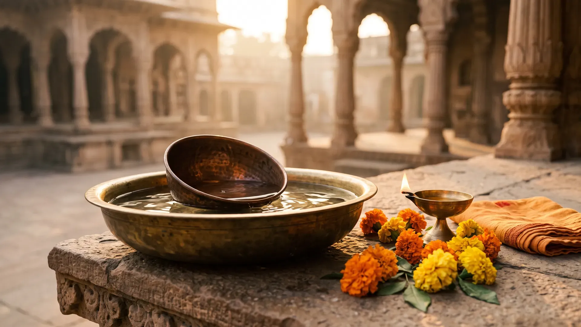 Morning sun in a temple courtyard: a copper bowl slowly filling and sinking in a brass vessel of water (a ghati water clock), with a lit lamp and marigolds beside it