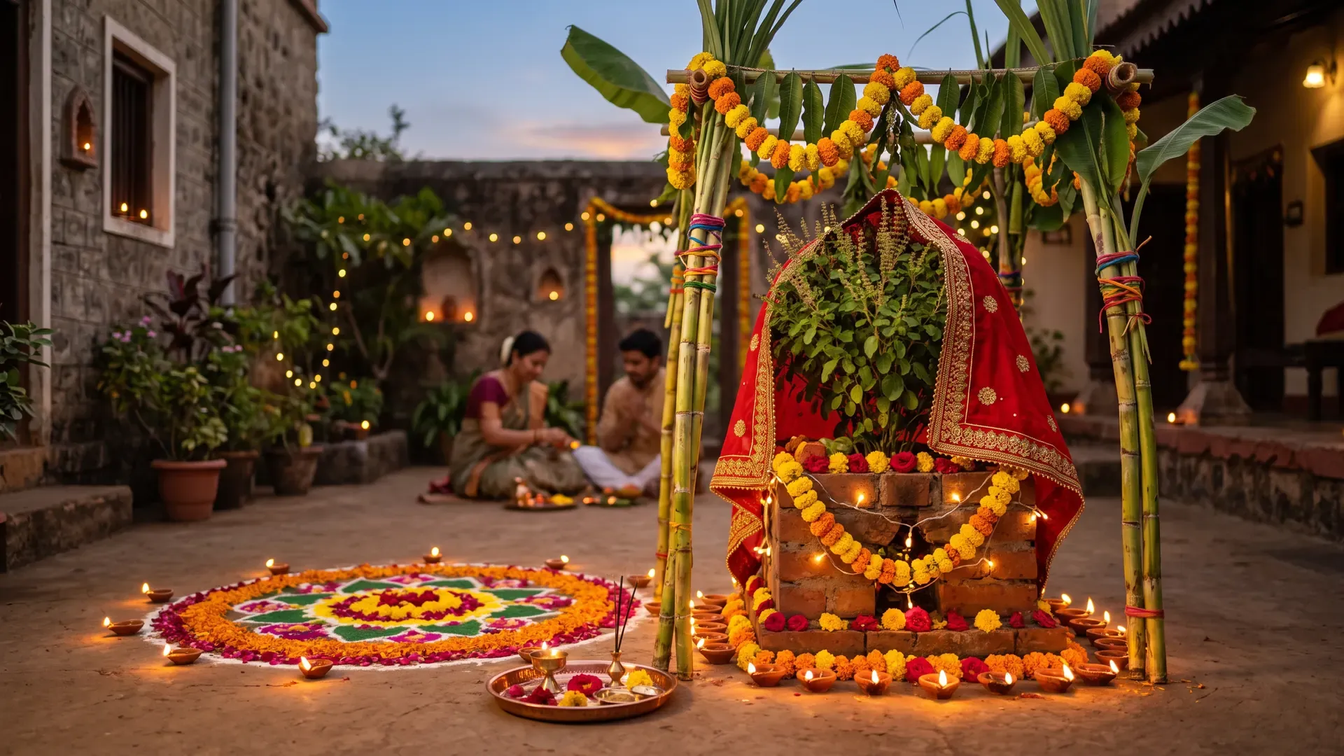 Dev Uthani Ekadashi: a tulsi chaura draped in a red chunri under a sugarcane mandap, with lit diyas and a rangoli around it