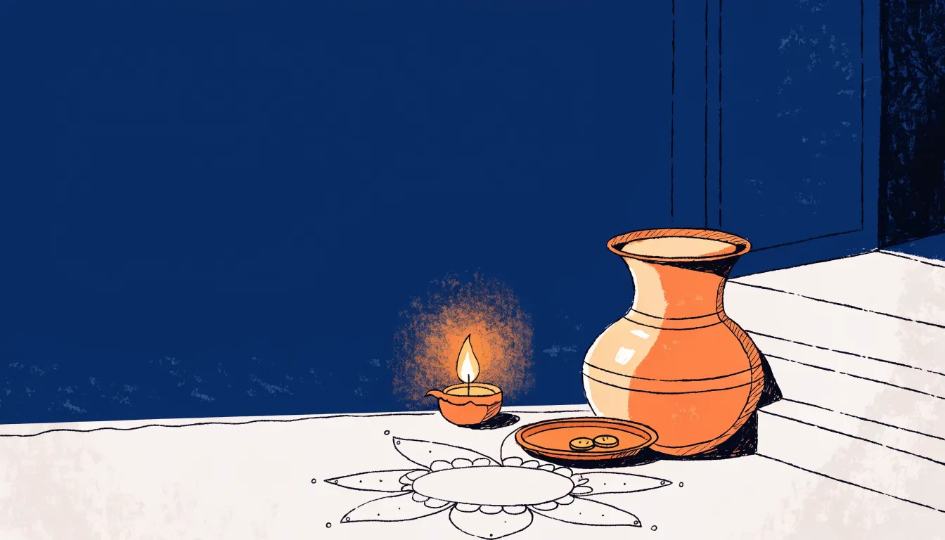 दहलीज़ पर रंगोली के पास जलता दीया, पीतल का कलश और सिक्कों वाली थाली