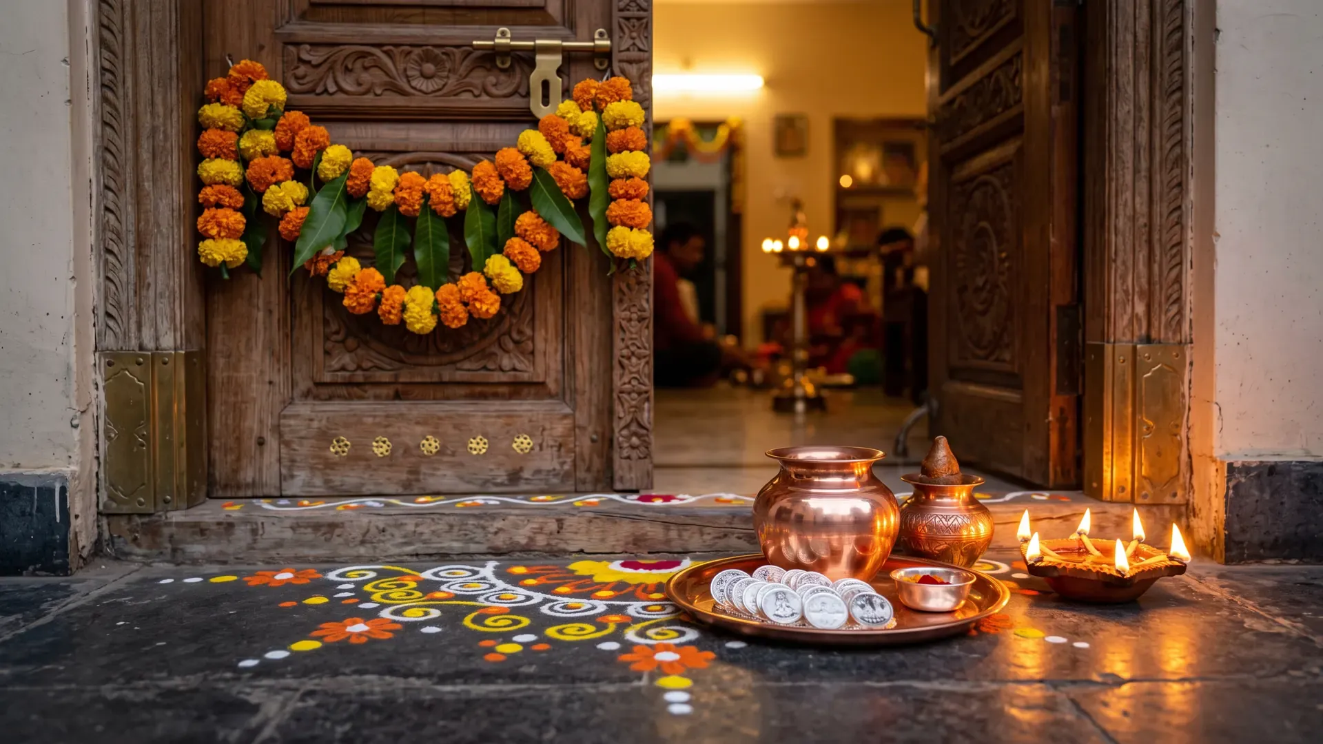 Dhanteras evening: new brass and copper utensils, silver coins, a four-wick diya and a rangoli at a doorstep, with a marigold toran above