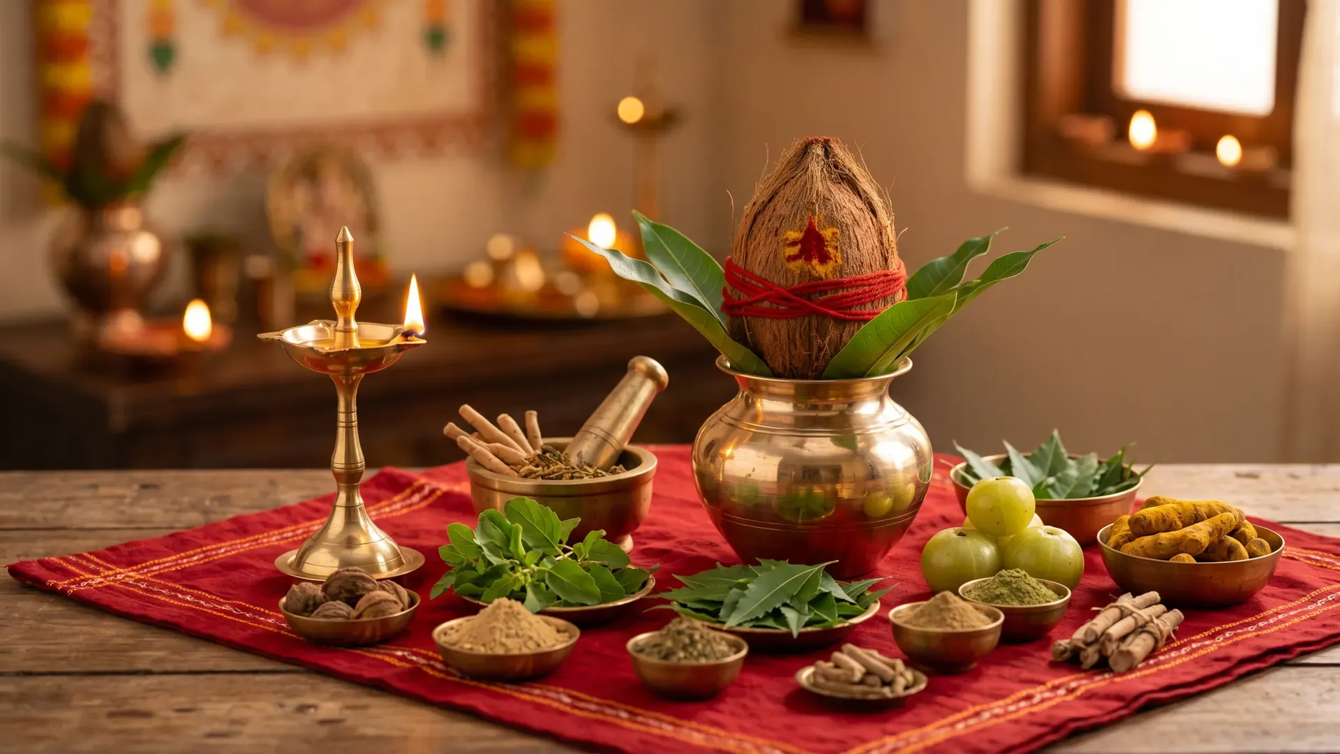 Dhanvantari puja on Dhanteras: a kalash of amrit with tulsi, neem, turmeric, amla and a mortar and pestle