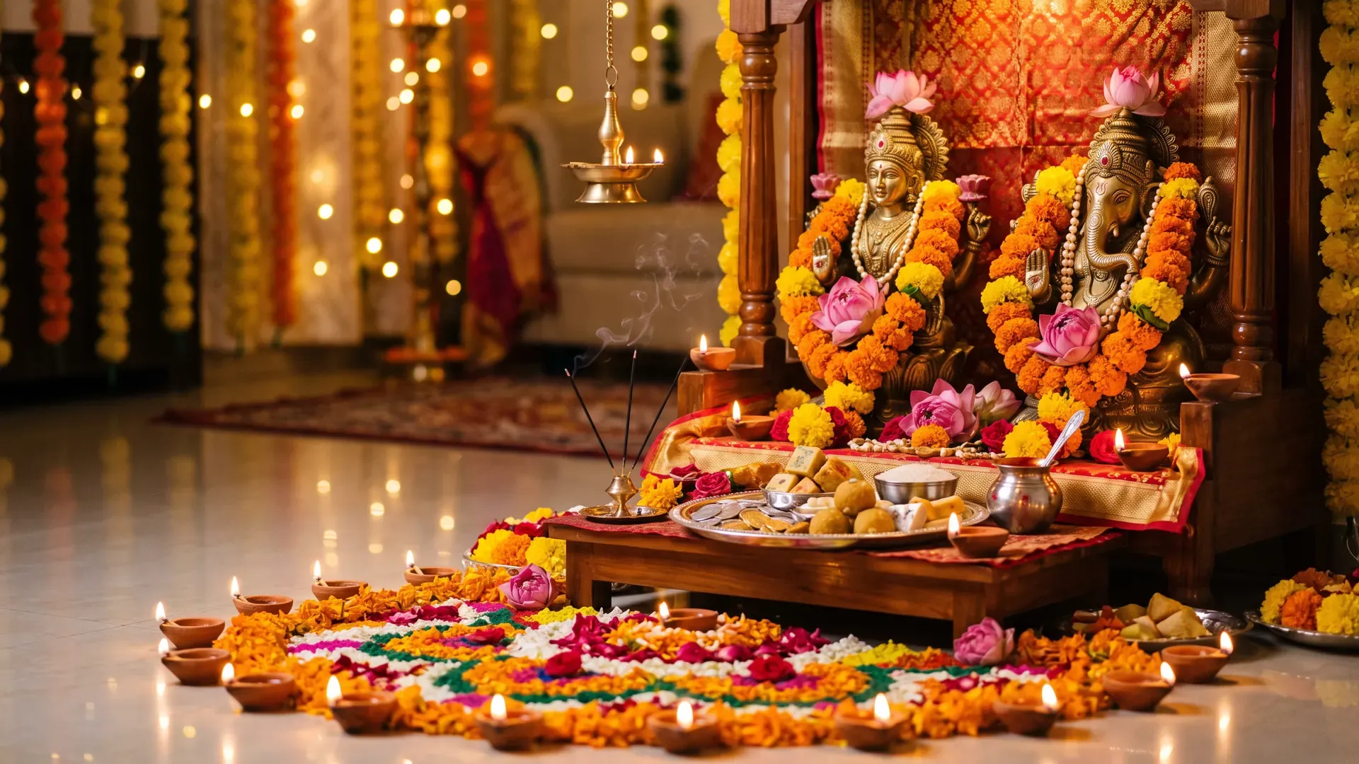 Diwali Lakshmi Puja: flower-decked murtis of Lakshmi and Ganesha, with lamps and a rangoli in front