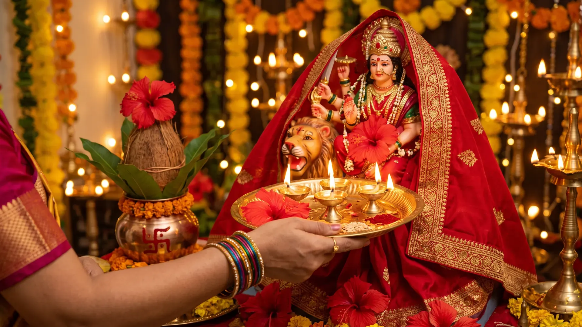 A five-wick aarti plate before a Durga murti on her lion during Navratri, with red hibiscus and a kalash