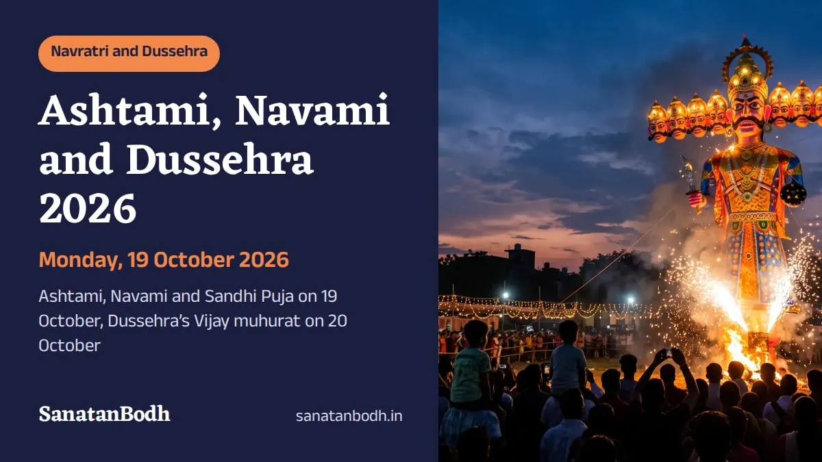 Ashtami, Navami 19 Oct, Dussehra 20 Oct 2026: Vijay Muhurat 1:59 PM. A ten-headed effigy of Ravana on an open ground on Dussehra evening, with fireworks and a watching crowd