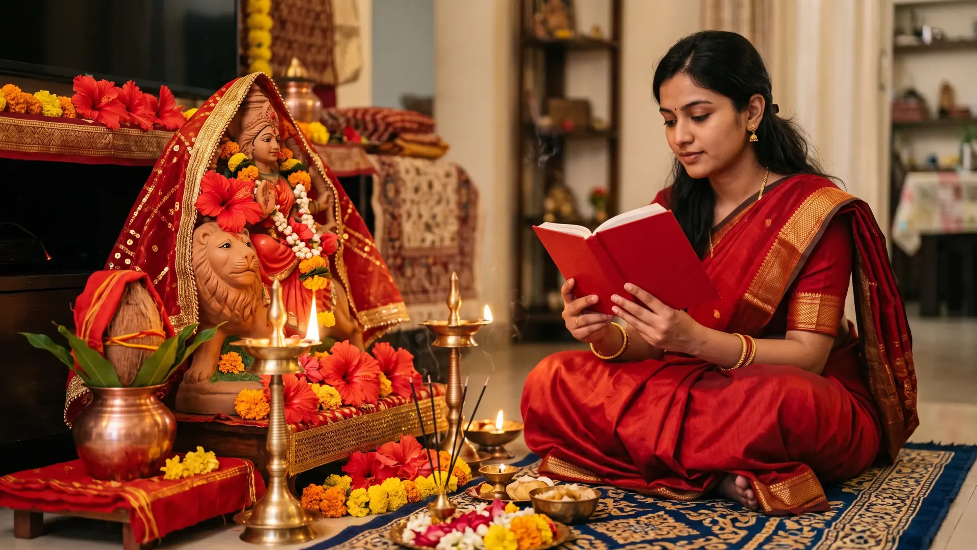 A woman in a red saree reciting before a Durga murti on her lion and an akhand jyoti lamp at home on a Navratri evening
