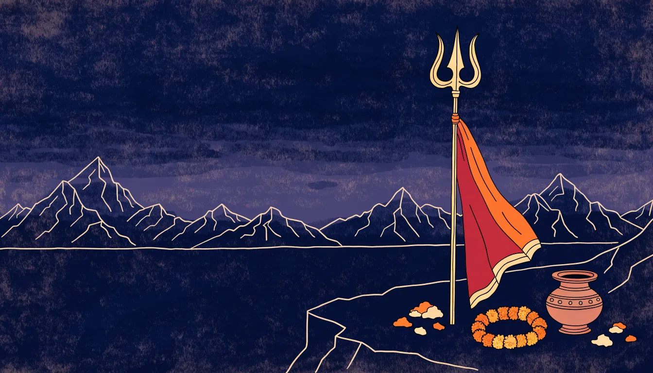 भोर से पहले हिमालय की चोटियों के सामने चट्टान पर खड़ा त्रिशूल, उस पर लाल-केसरिया चुनरी, गेंदे की माला और ताँबे का कलश
