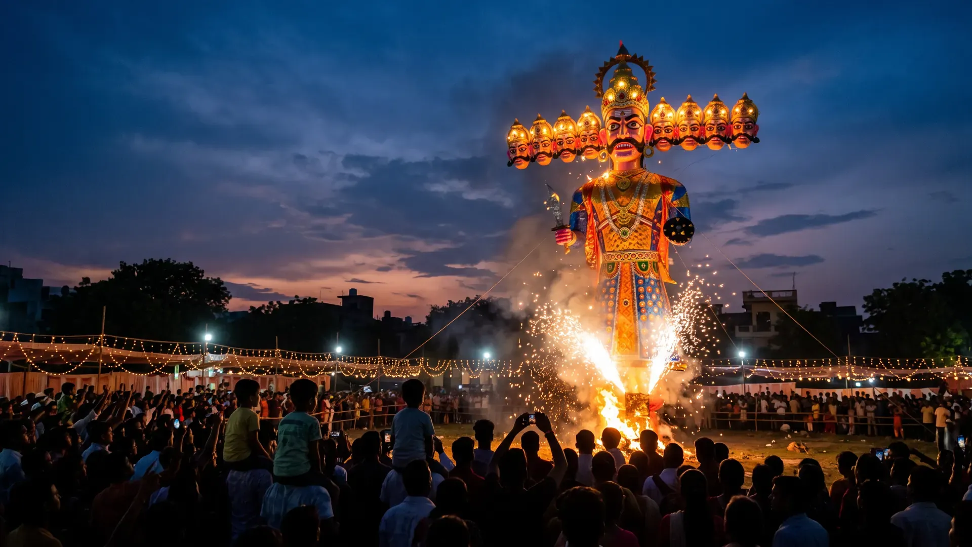 Dussehra evening: a ten-headed Ravan effigy on a town ground, fireworks at its base and a crowd watching