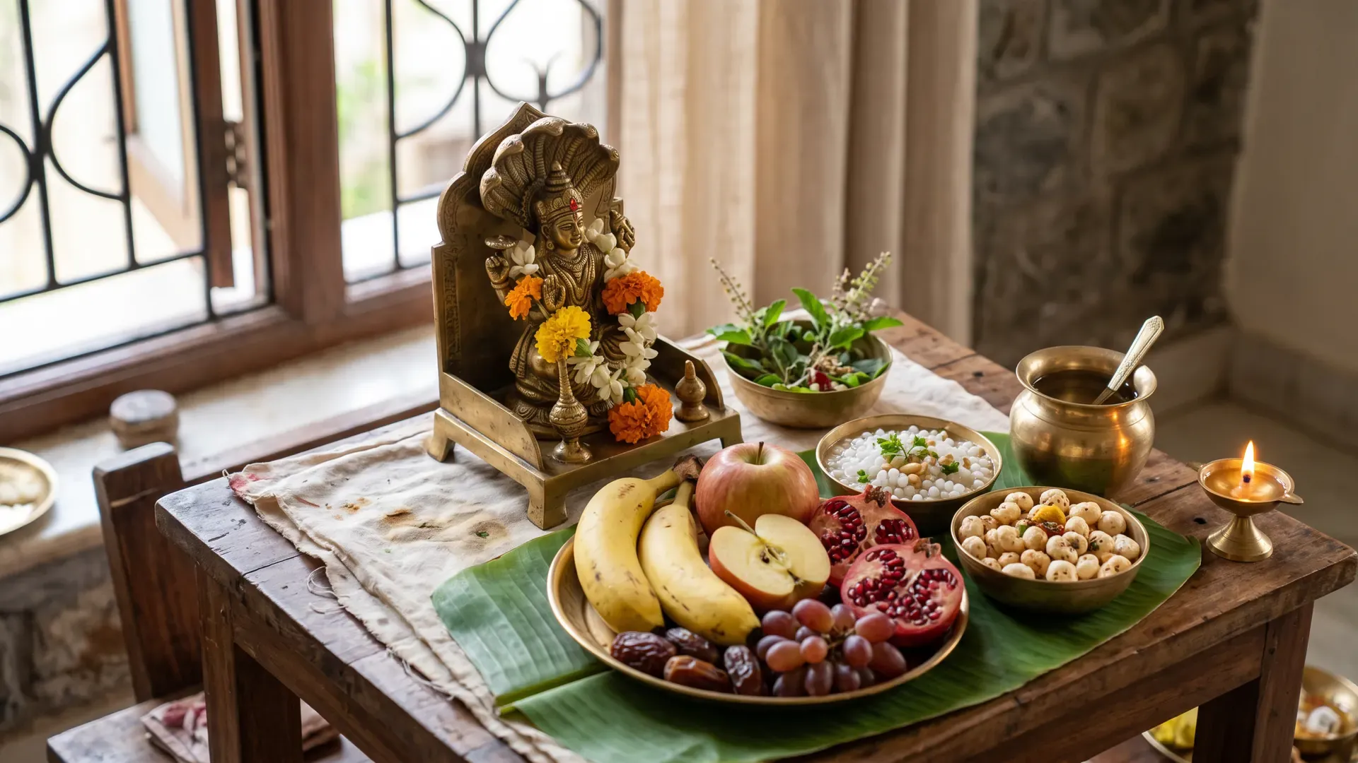 An Ekadashi morning offering before a Vishnu murti under Sheshnag: tulsi, fruit, sabudana and makhana