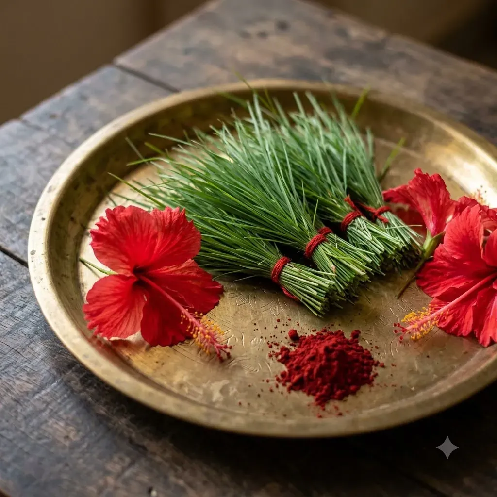 Bunches of durva grass tied with red thread on a brass plate, with hibiscus flowers and kumkum