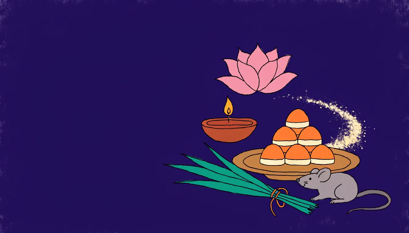गहरे नीले आकाश के नीचे मोदक से भरी थाली, दूर्वा का गुच्छा, जलता दीया, कमल और पास बैठा मूषक