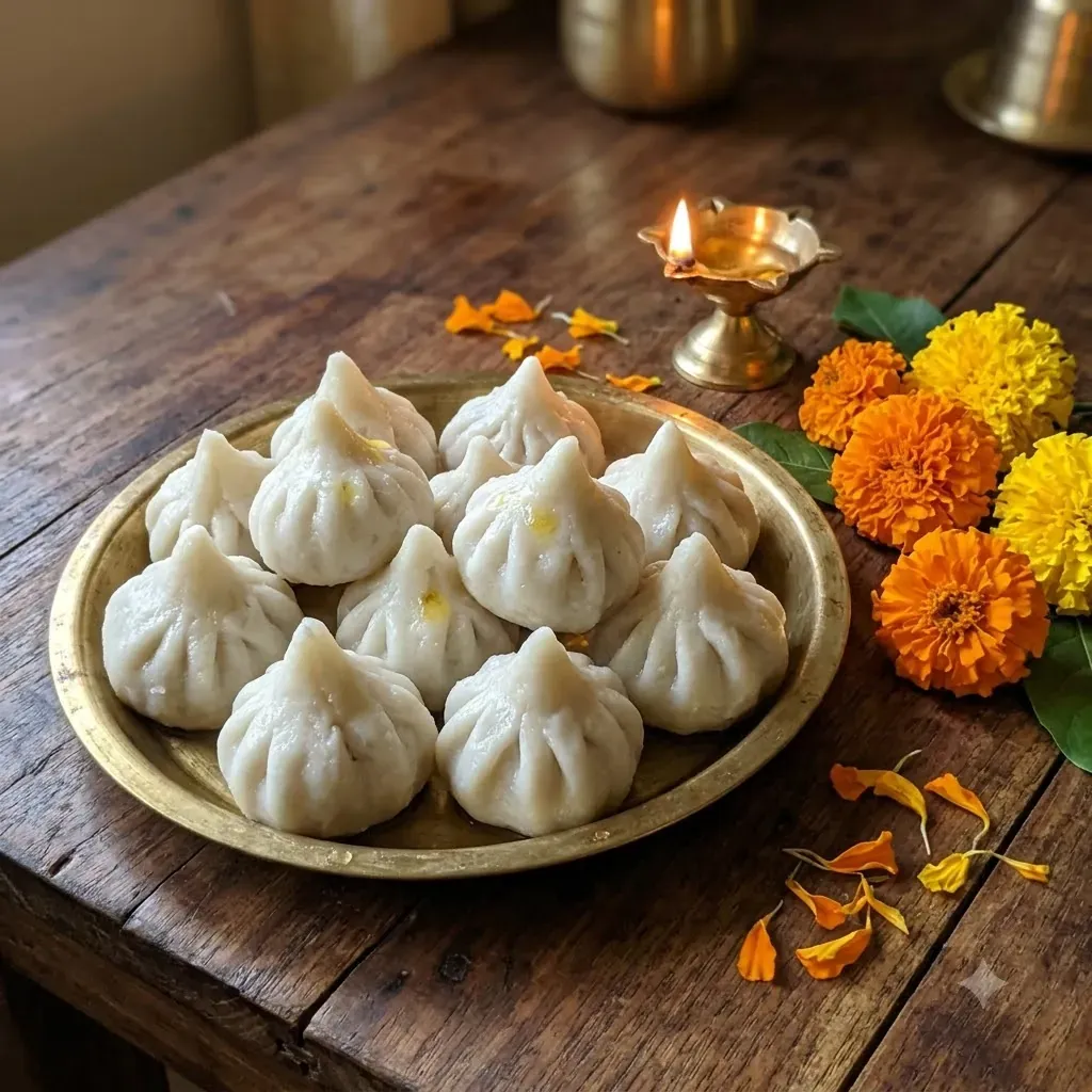 Ukadiche modaks on a brass plate on a wooden table, with marigolds and a lit lamp