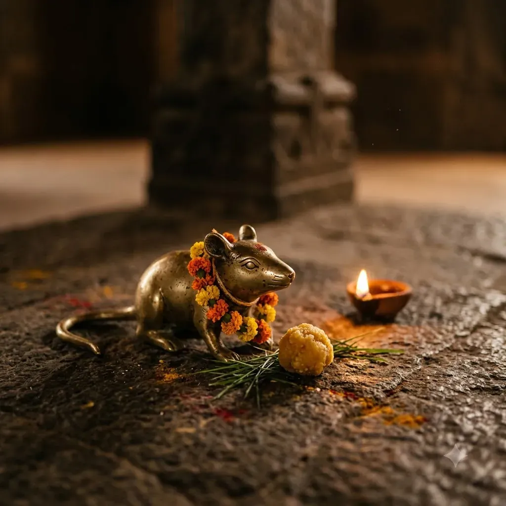 A brass mouse wearing a marigold garland on a stone ledge, with a laddu, durva grass and a lit lamp