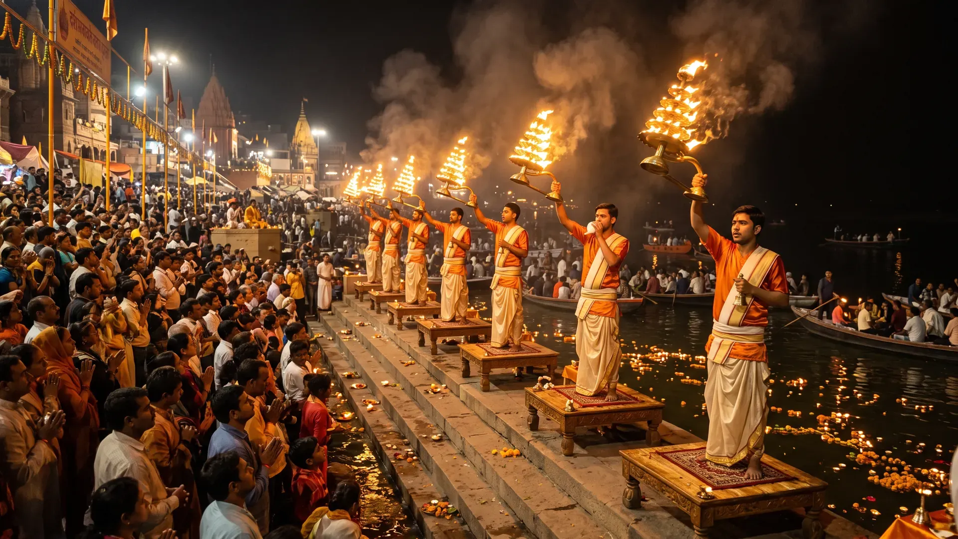 Ganga aarti at Dashashwamedh ghat in Kashi: priests raise large lamps before crowds on the steps and boats on the river