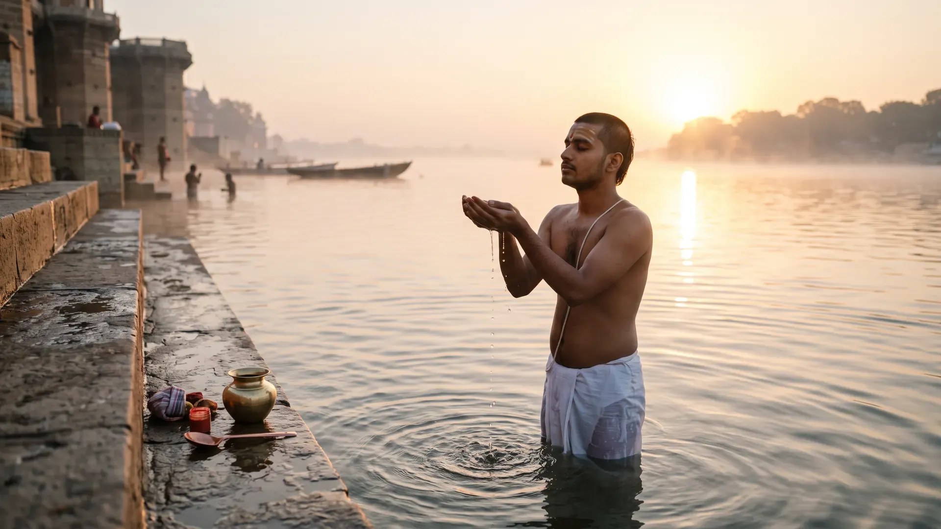 Morning sandhya: a young man standing in a river holds water in his cupped hands towards the rising sun
