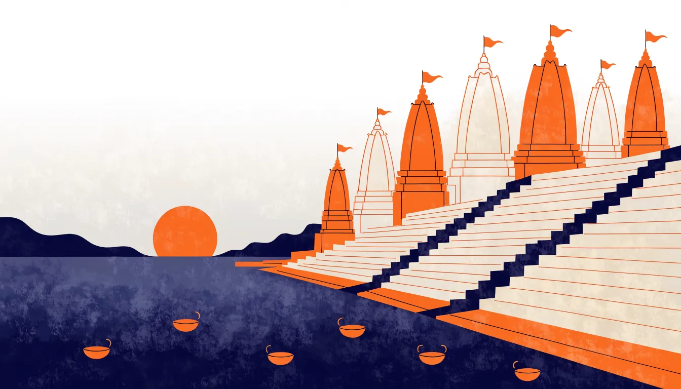 भोर में घाट और मंदिरों के शिखर