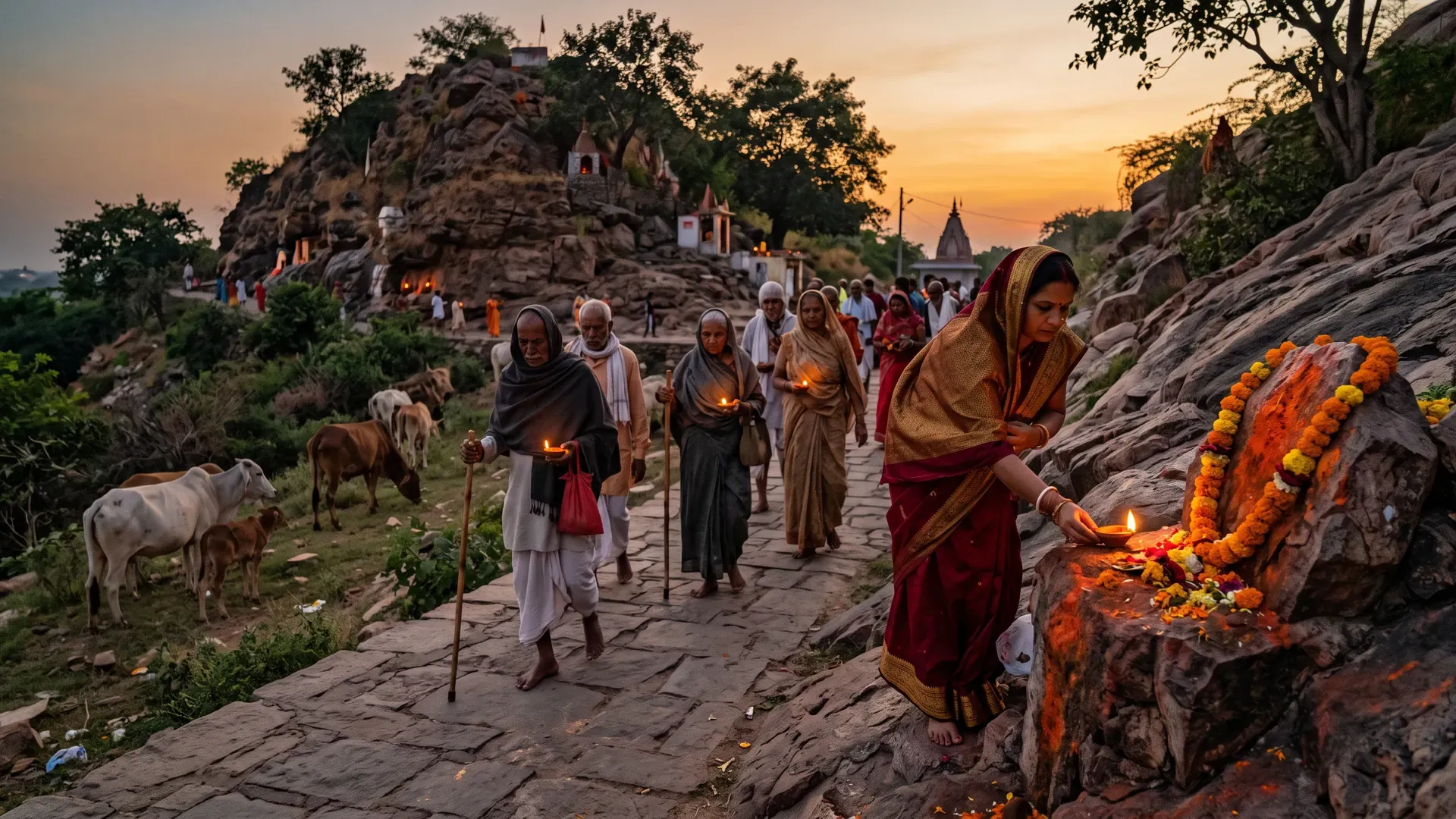 Pilgrims walking the Govardhan parikrama at dusk; a woman places a lamp on a sindoor-marked rock