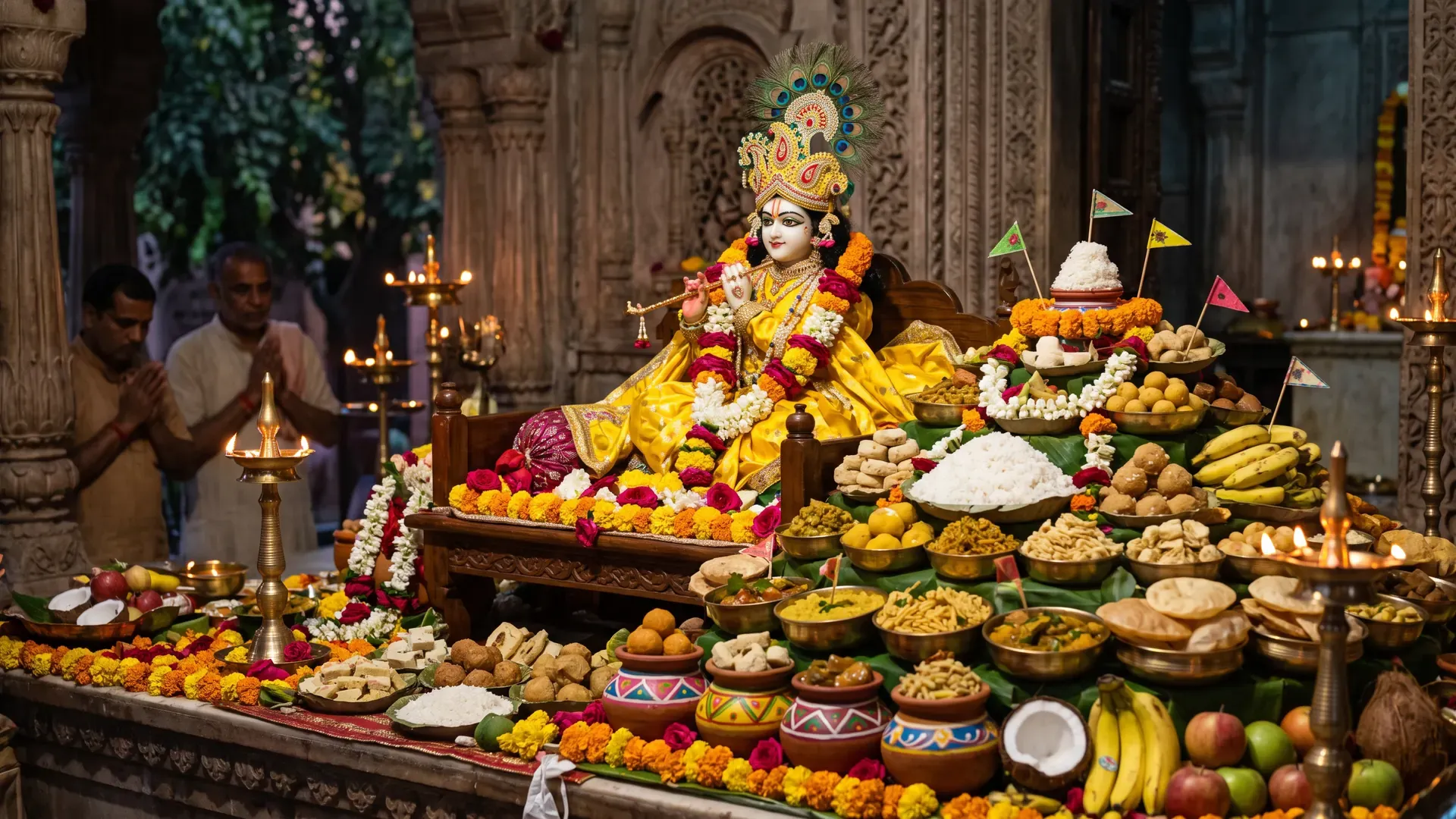 Govardhan Puja Annakut: dishes arranged in a hill shape before a Krishna murti in yellow with a peacock-feather crown