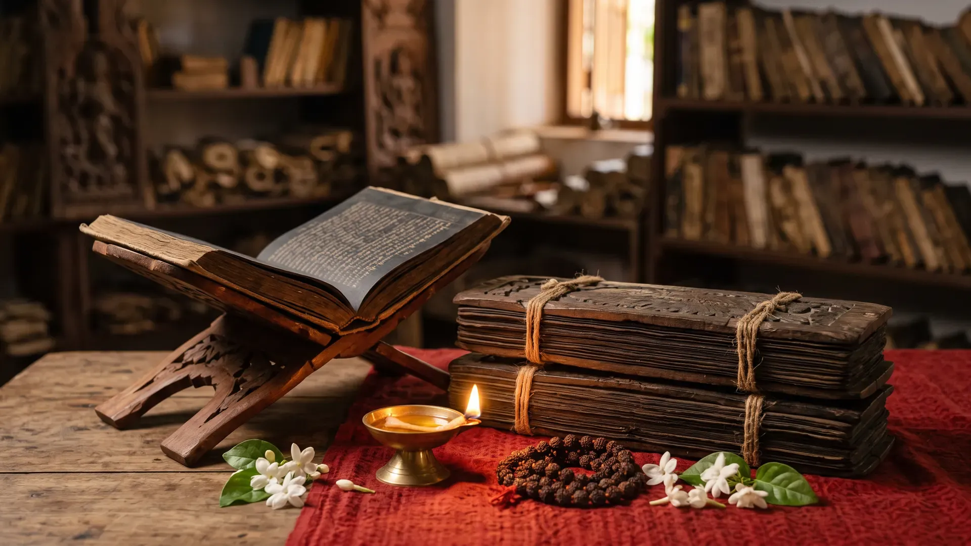 Palm-leaf manuscripts tied with cord and a book open on a wooden stand in lamplight