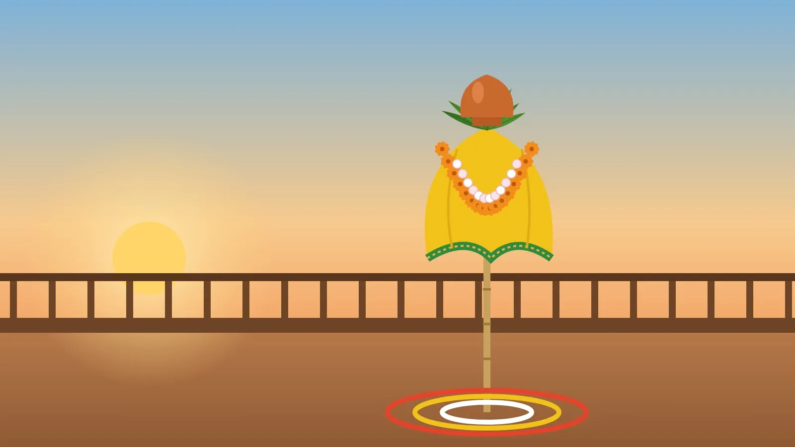 A picture drawn in code: a gudi on a balcony against the morning sky: an upturned copper pot on a bamboo pole, neem leaves, a yellow silk cloth with a green border, garlands of marigolds and sugar beads, and a rangoli below