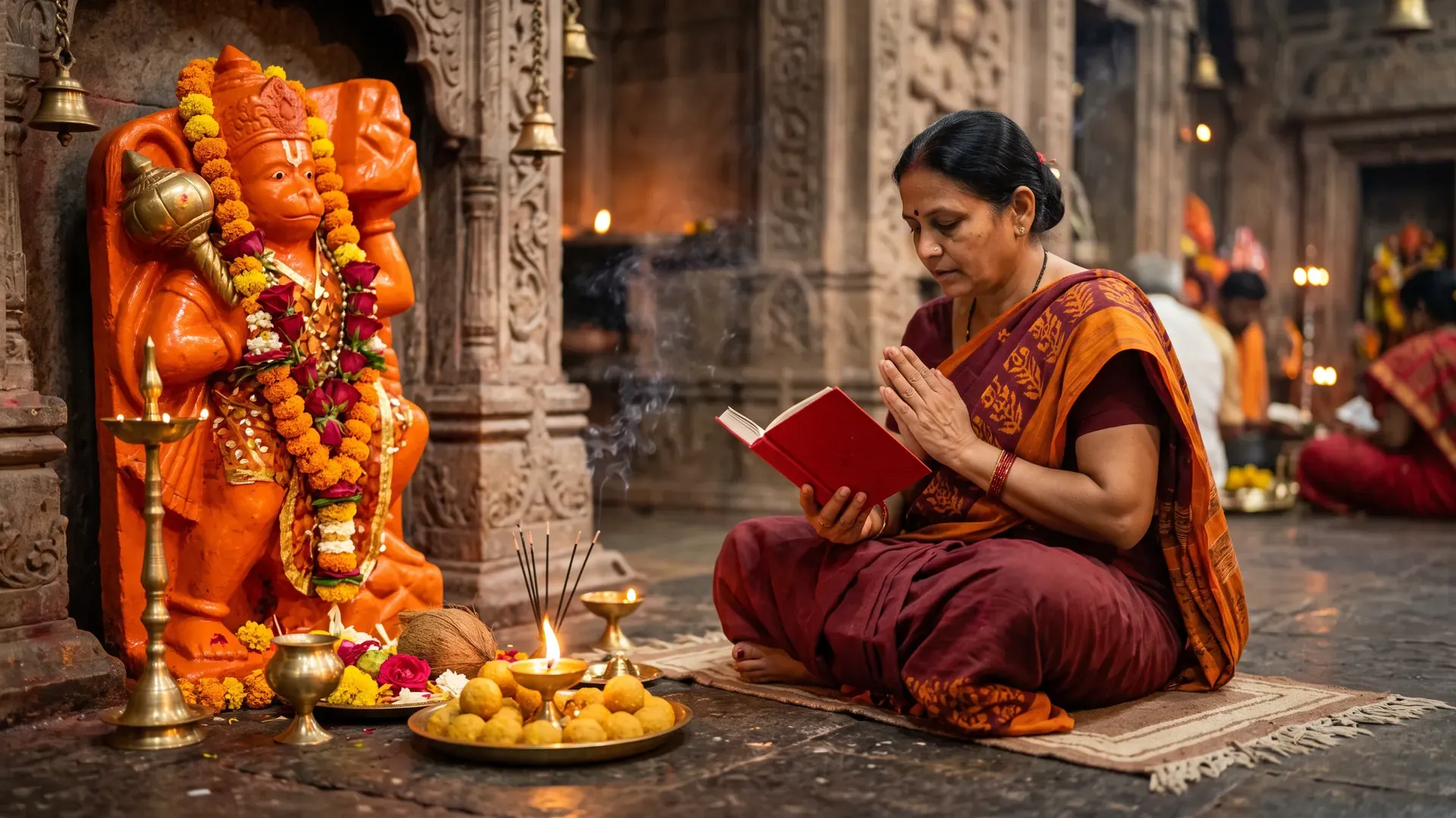A devotee with folded hands reciting before a sindoor-covered Hanuman murti on a Tuesday evening, with a lamp and laddoos in front