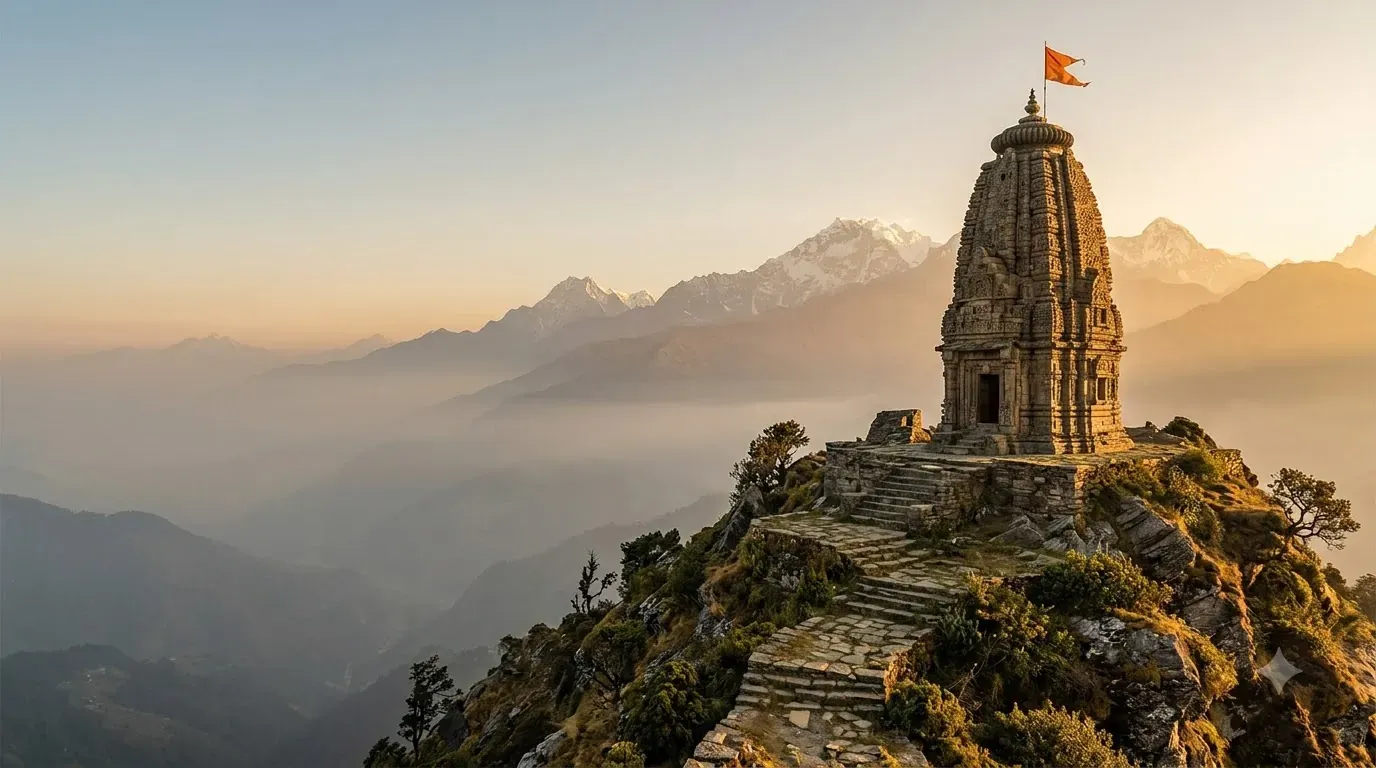 A temple among snowy Himalayan peaks at sunrise