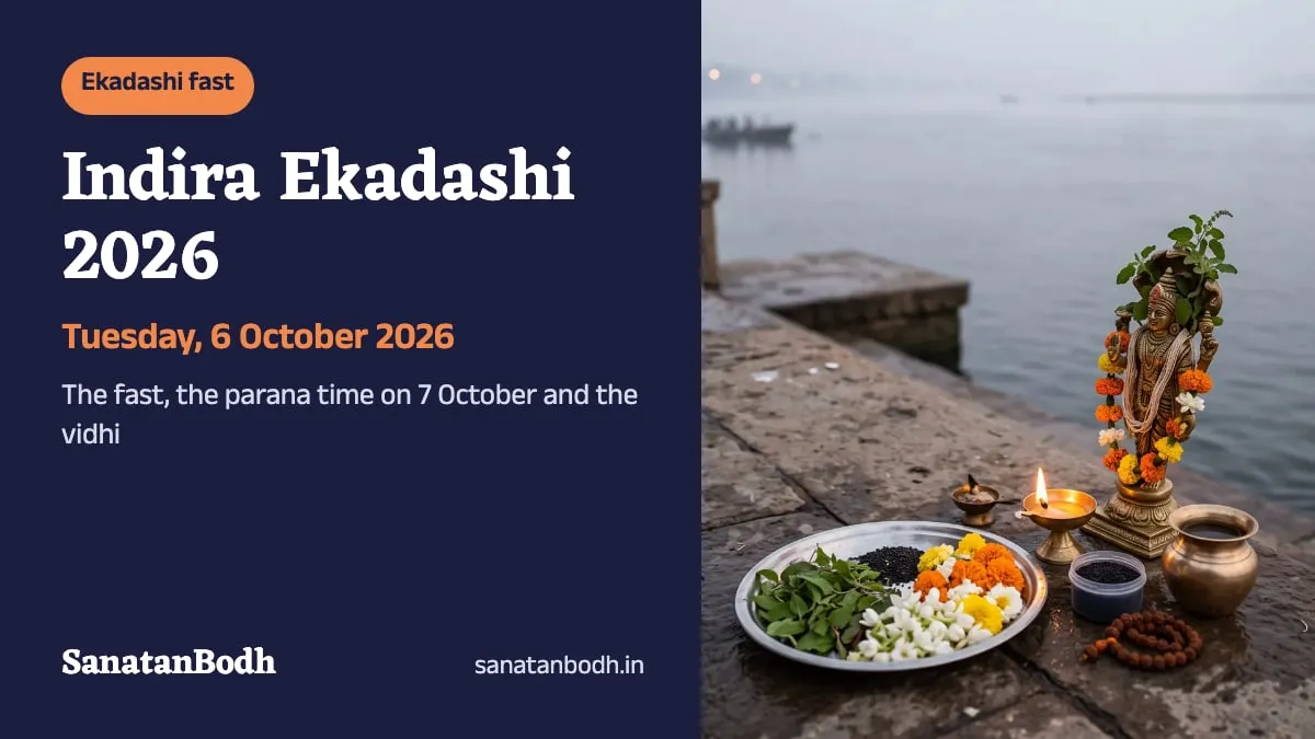 At dawn in Pitru Paksha, a small Vishnu murti with a tulsi garland on a ghat step, a plate of sesame, tulsi and flowers and a lit lamp
