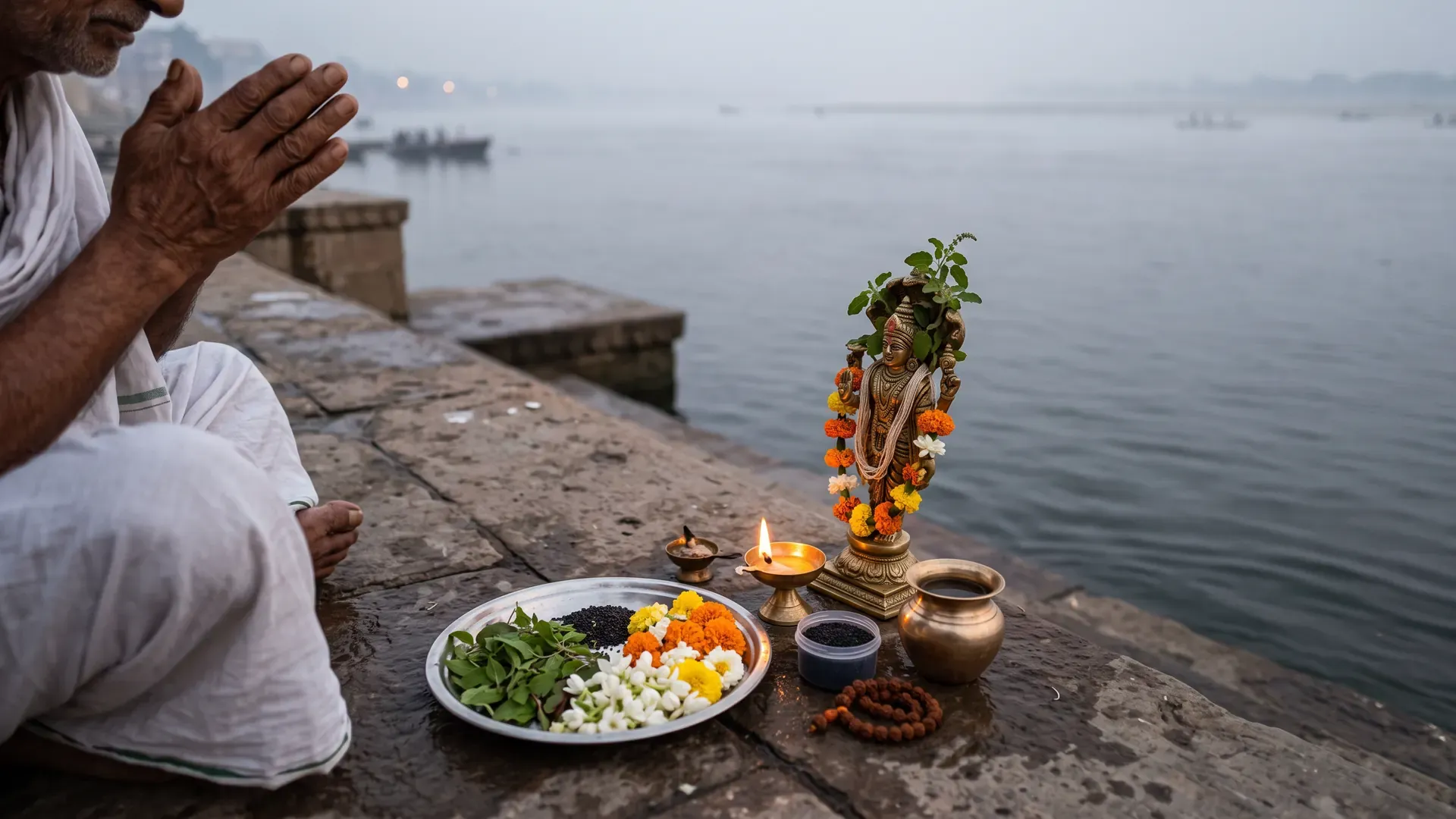 At dawn in Pitru Paksha, a small Vishnu murti with a tulsi garland on a ghat step, a plate of sesame, tulsi and flowers and a lit lamp