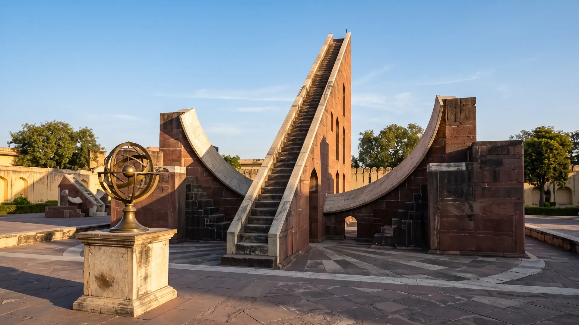 The Samrat Yantra at Jaipur’s Jantar Mantar, a giant stone sundial, with a brass armillary sphere in front