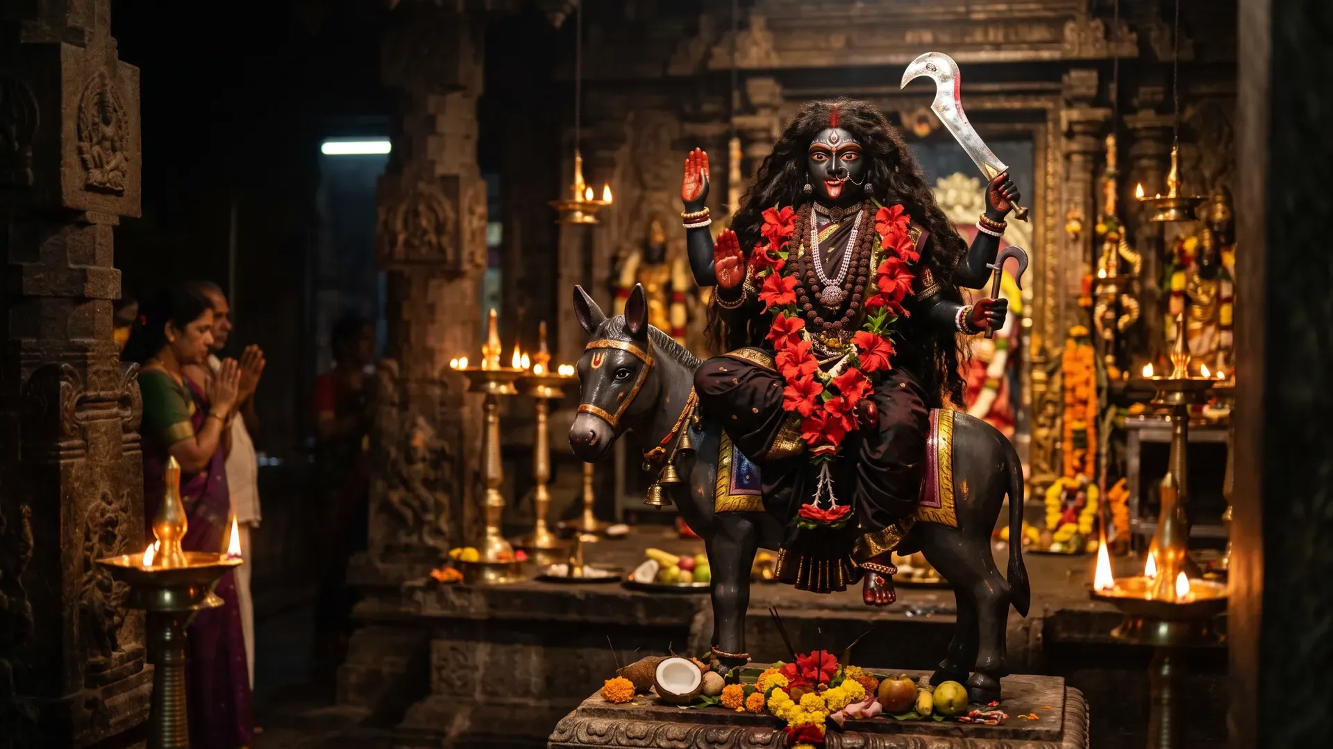 A dark Kalaratri murti seated on a donkey in a temple, with a hibiscus garland