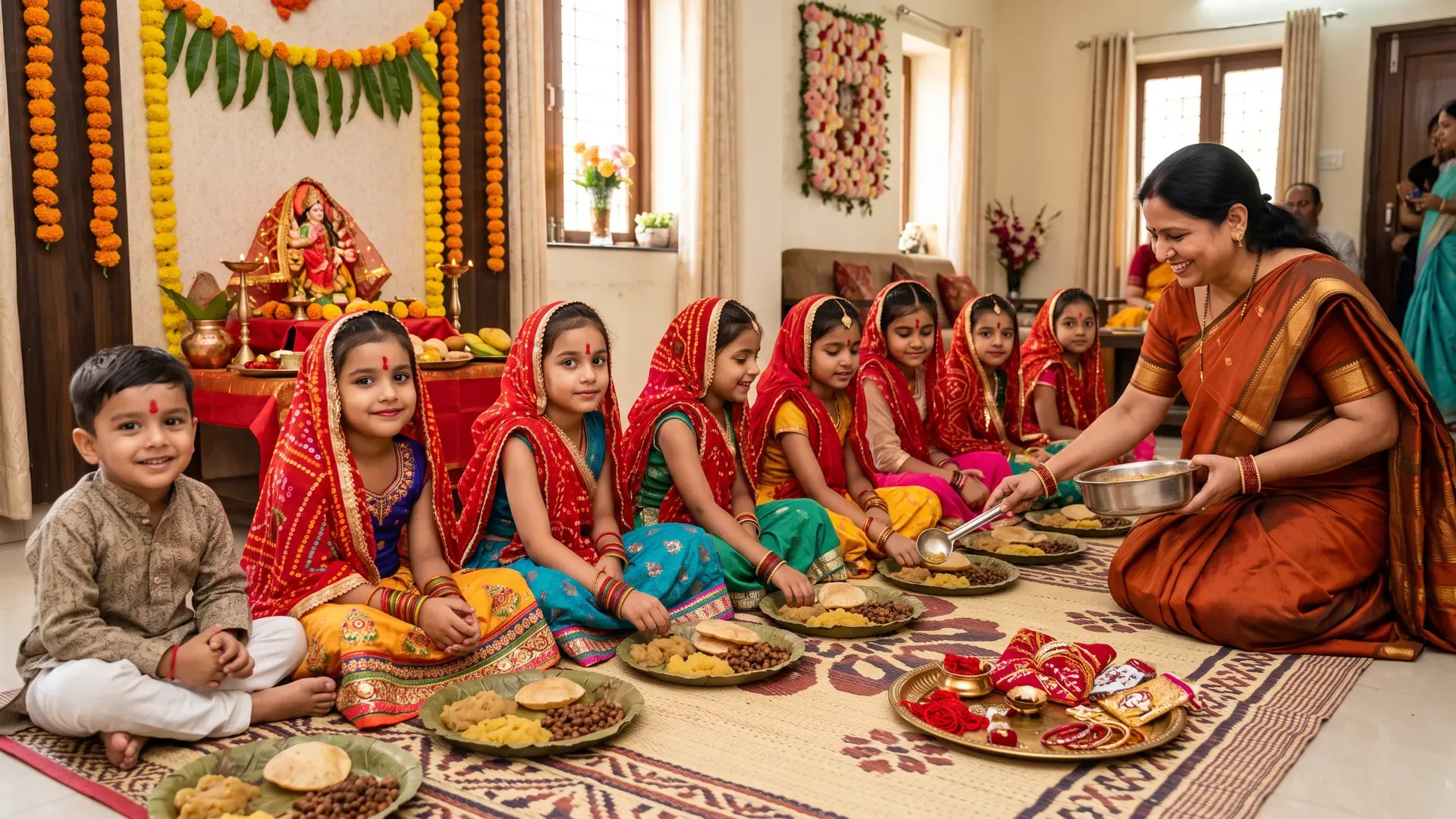 Kanya Puja: girls in red chunris and a small boy seated on a mat, leaf plates with puri, halwa and chana, a woman serving them, a tray of chunris and gifts nearby, and an image of Maa Durga decorated with marigold garlands behind