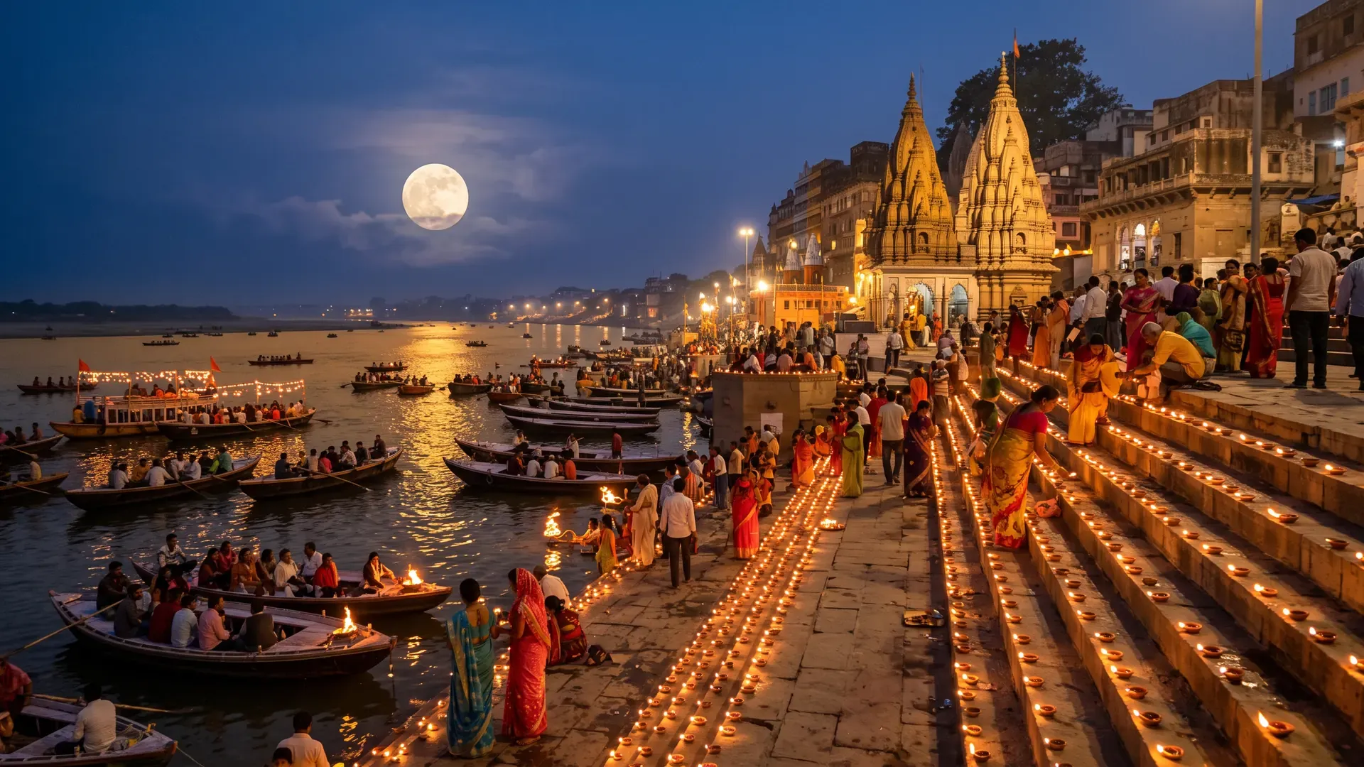 Kartik Purnima evening: lit diyas on the ghat steps of Kashi, boats on the Ganga and the full moon rising