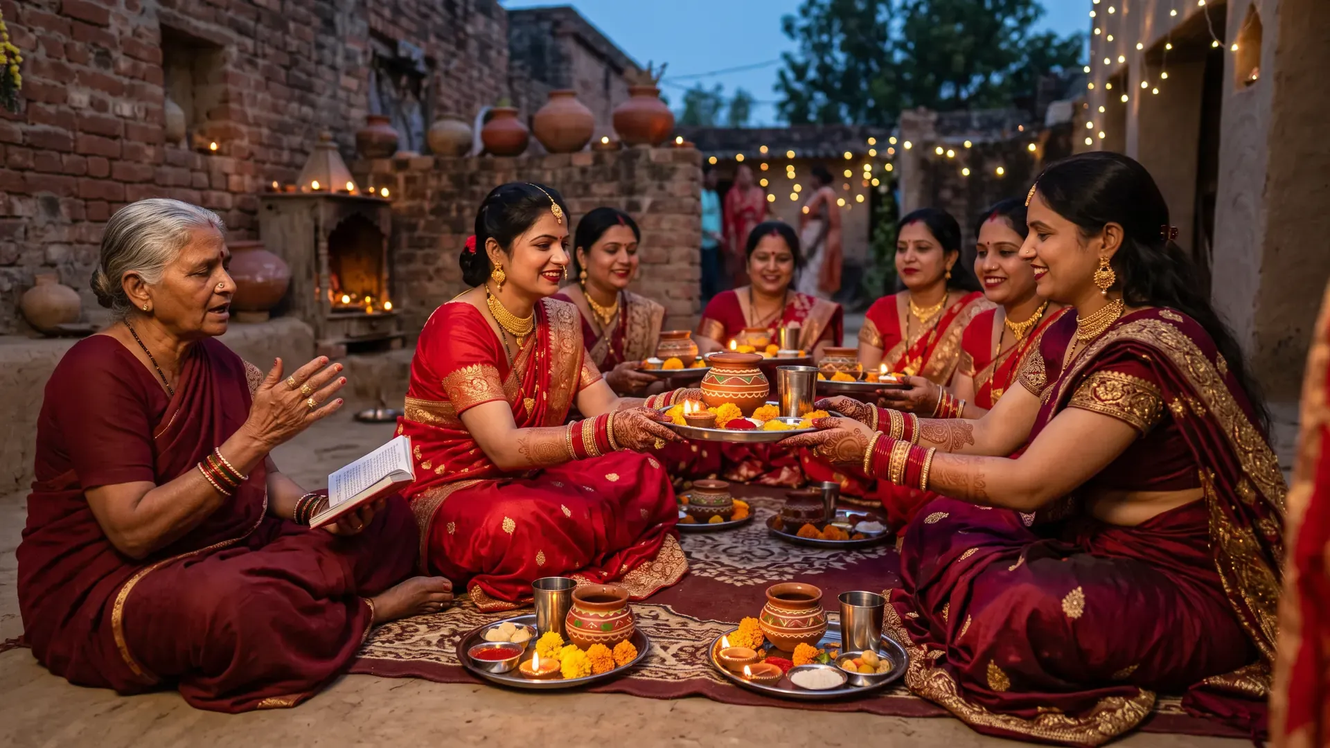 Karva Chauth evening: married women in a circle pass their puja thalis while an elder tells the story
