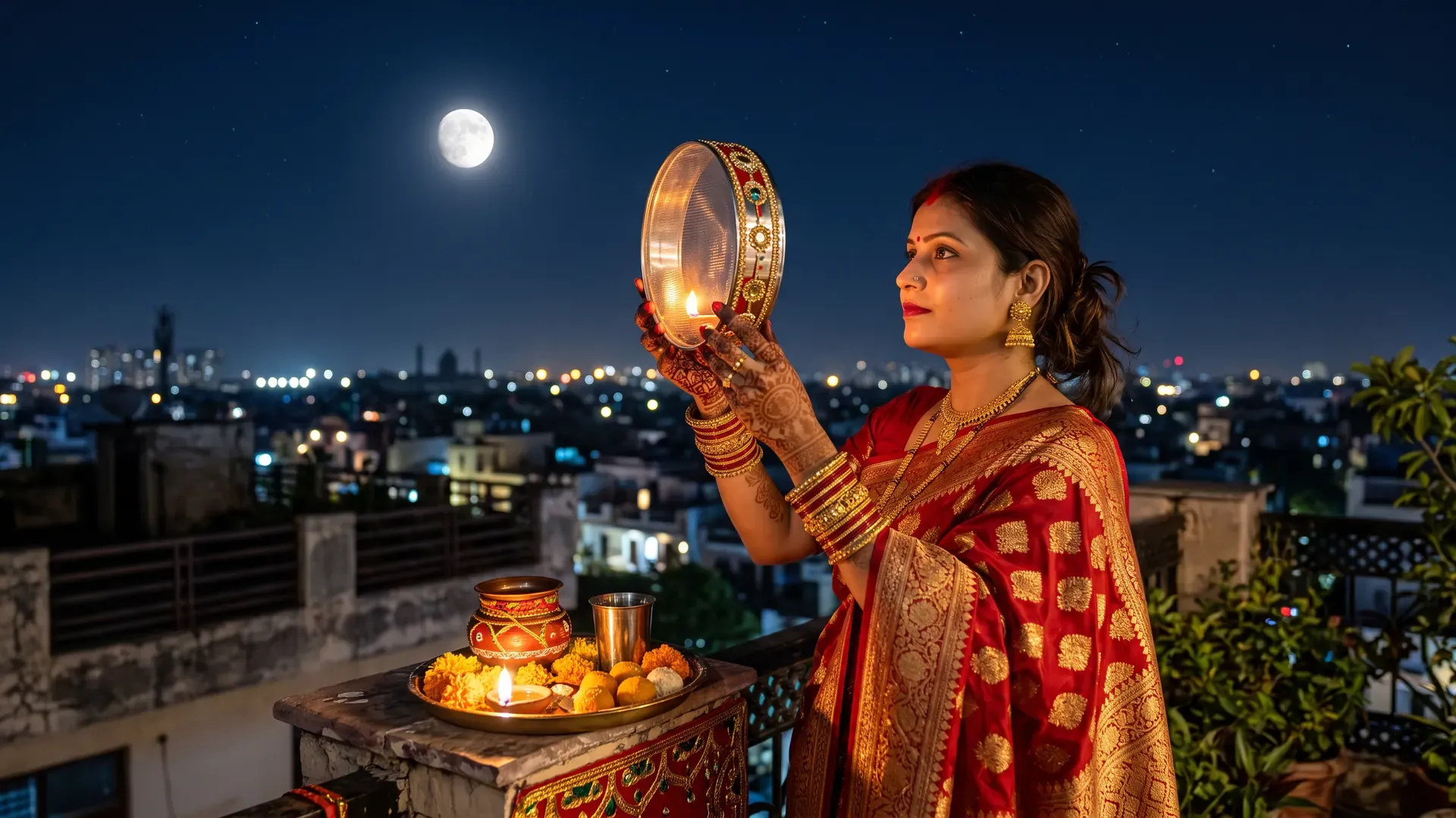 Karva Chauth night: a married woman in a red and gold saree looks at the moon through a sieve on a rooftop, with a karva, a diya and a thali of sweets on the parapet