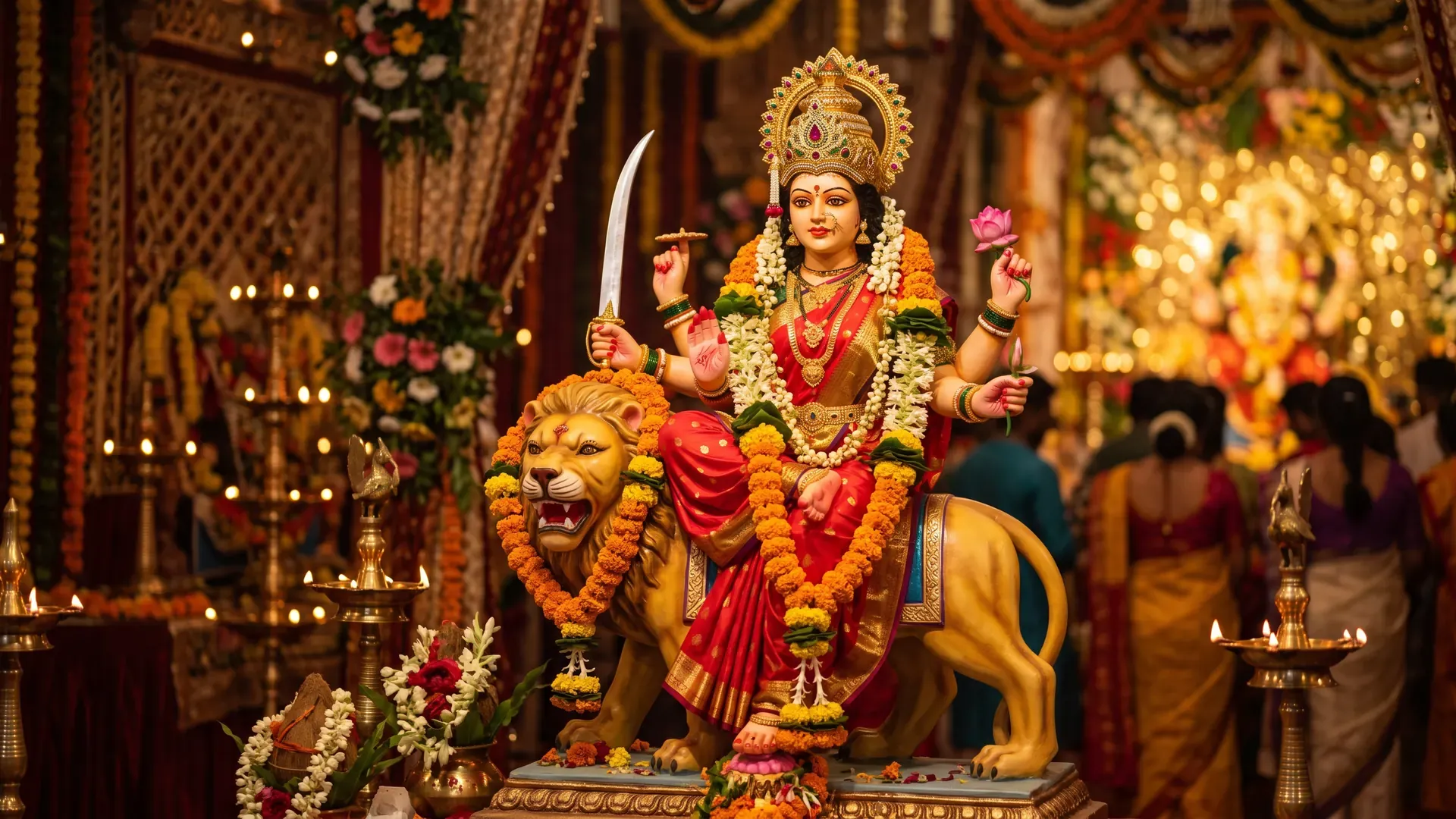 A Katyayani murti riding a lion, holding a sword and a lotus