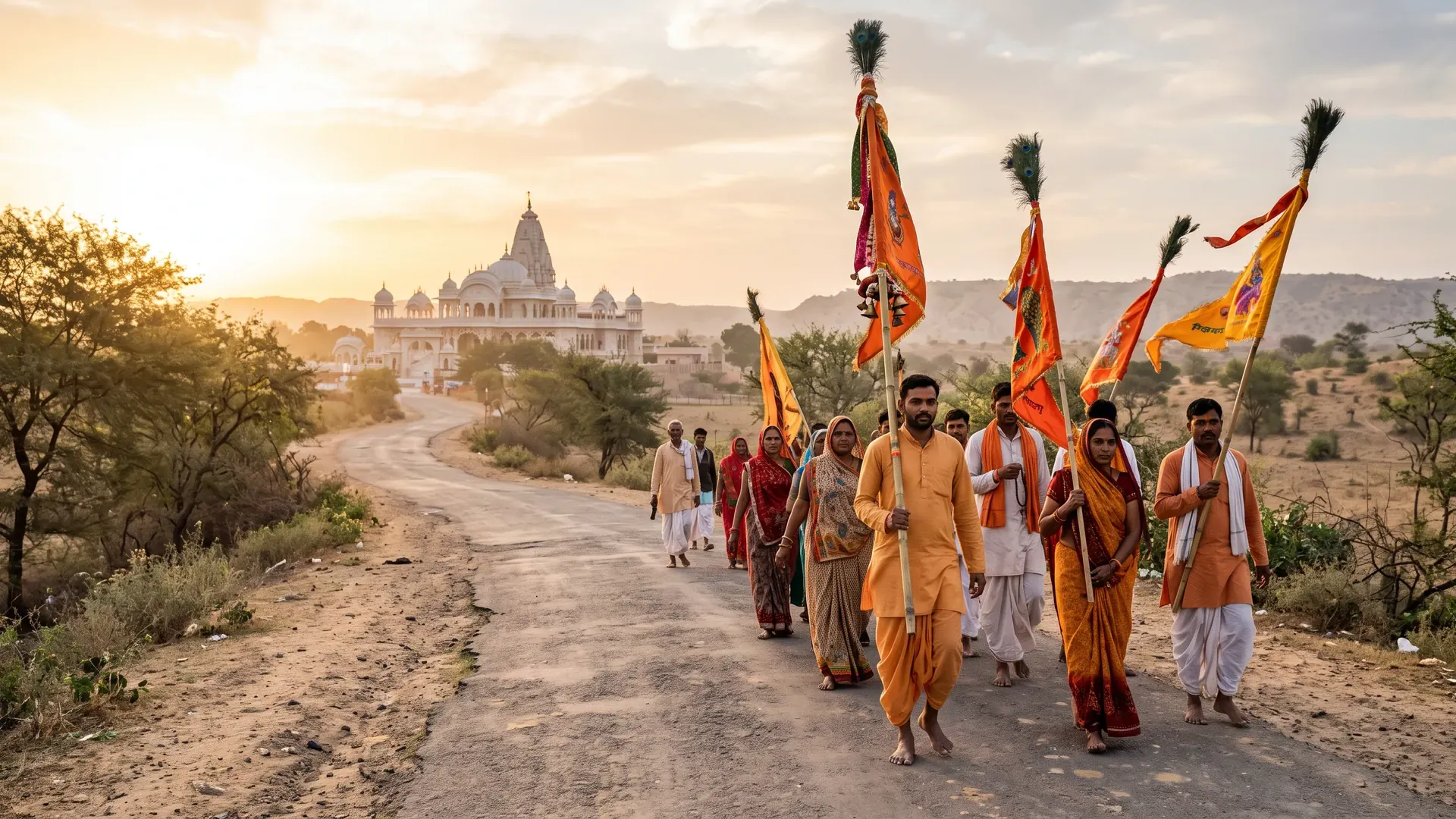 Pilgrims carrying peacock-feathered nishan flags on the road to the Khatu Shyam temple in Rajasthan