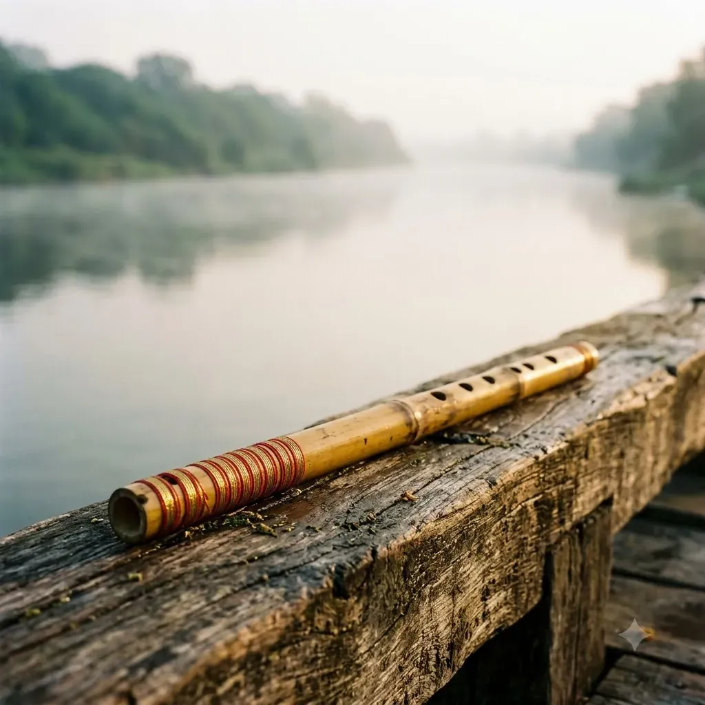 A bamboo flute on a wooden ledge by the misty Yamuna at dawn