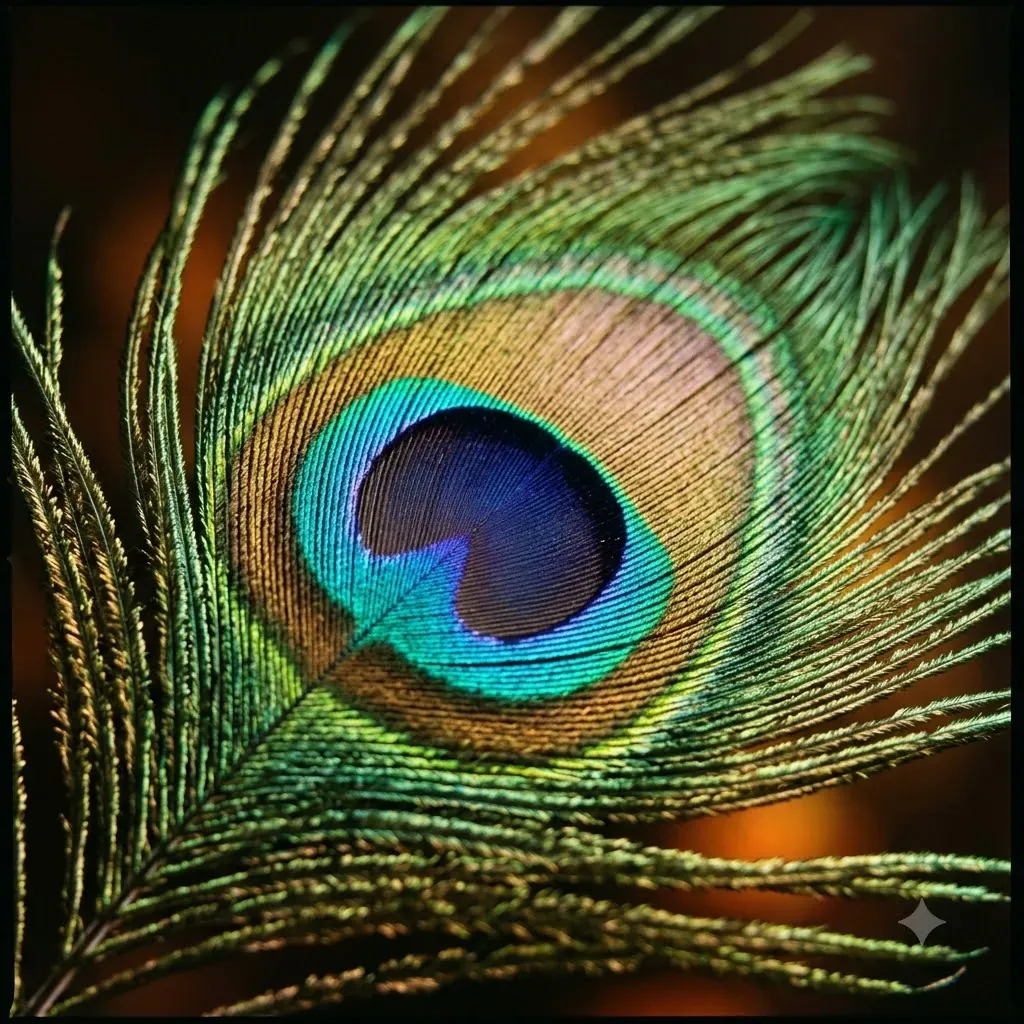 A peacock feather close up, its blue-green eye ringed with golden-green barbs