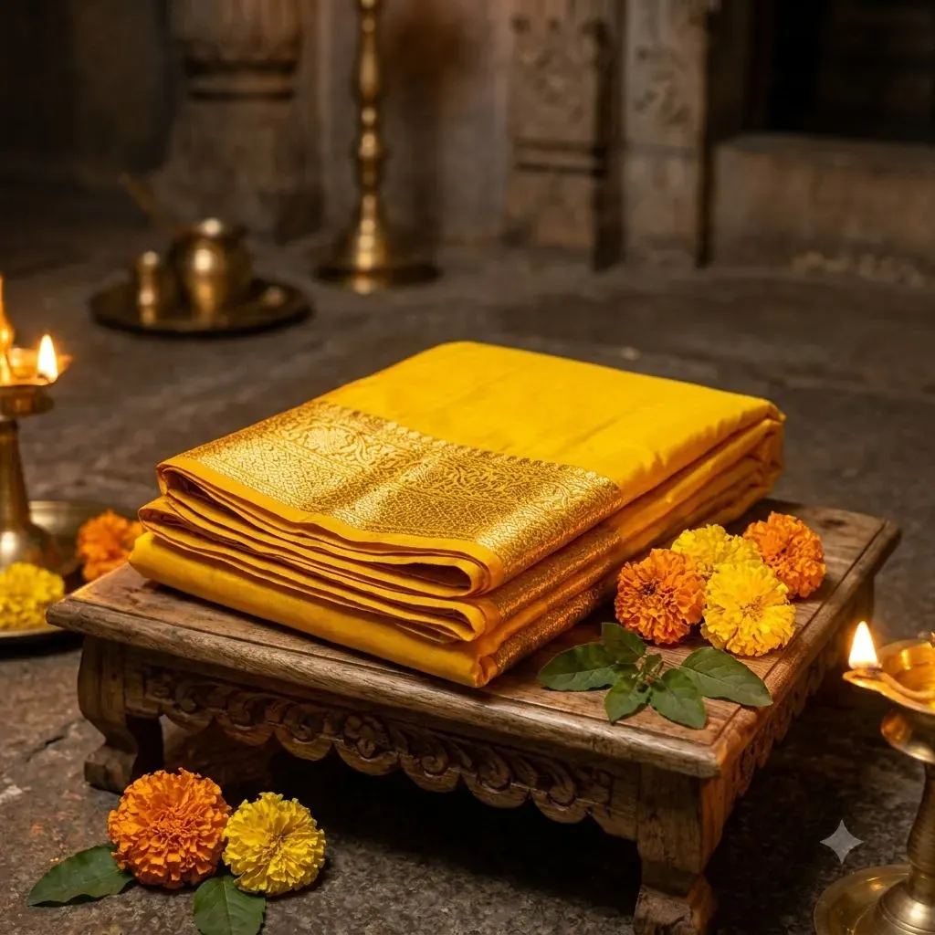 Folded yellow silk with a zari border on a wooden stand in a temple, with marigolds and lamps