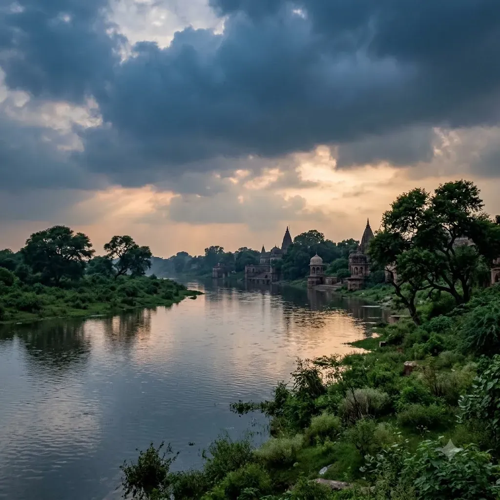Dark monsoon clouds over the Yamuna at dusk, a symbol of his dark complexion