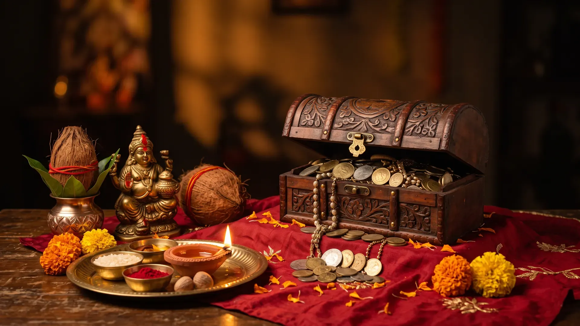 Kuber puja: a wooden chest of coins, a brass Kuber murti, a kalash and a lamp