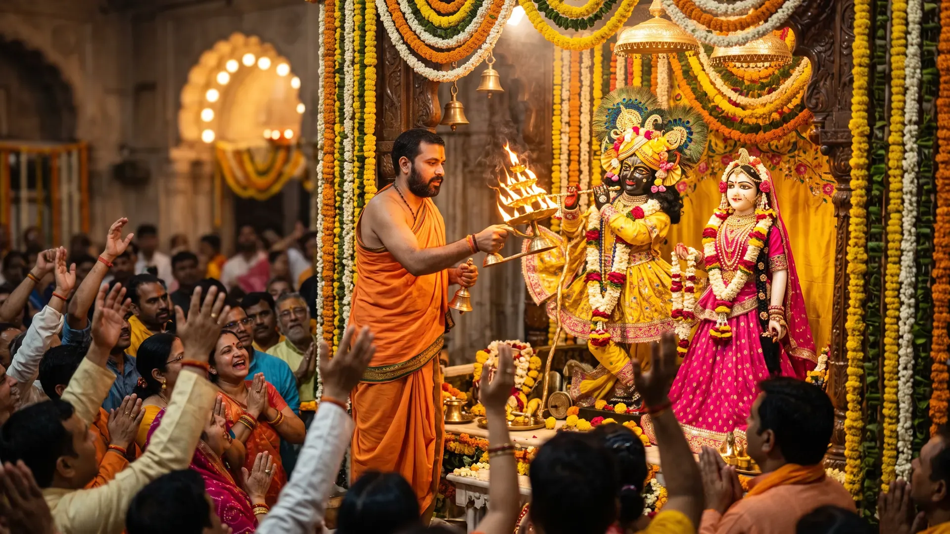 Aarti of Radha and Krishna in a Vrindavan temple, with devotees raising their hands