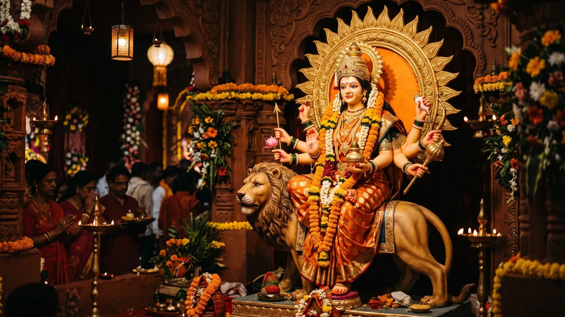 An eight-armed Kushmanda murti on a lion with a sun-like halo