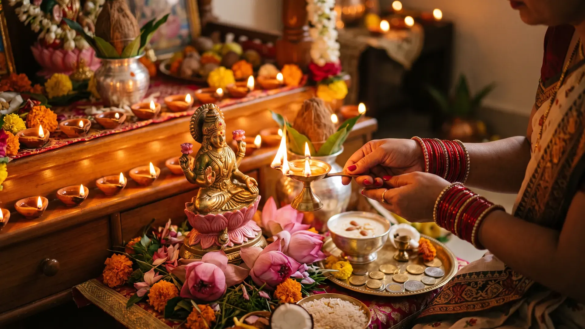 Friday evening aarti before a Lakshmi murti on a lotus, with lotus flowers, kheer and coins